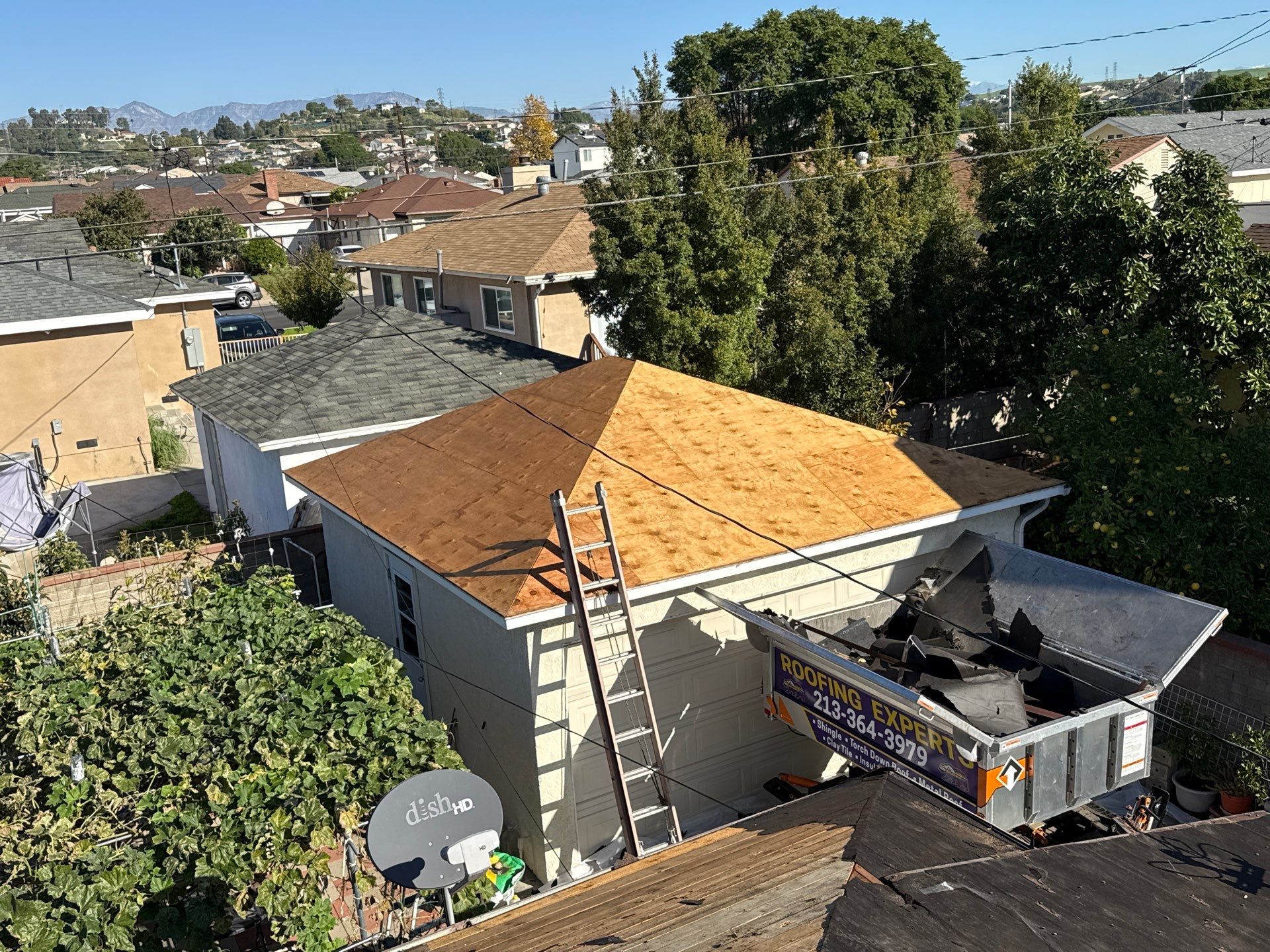 4-Nov 28 2025 09_56am-584H Garage roof replacement with ladder and dumpster
