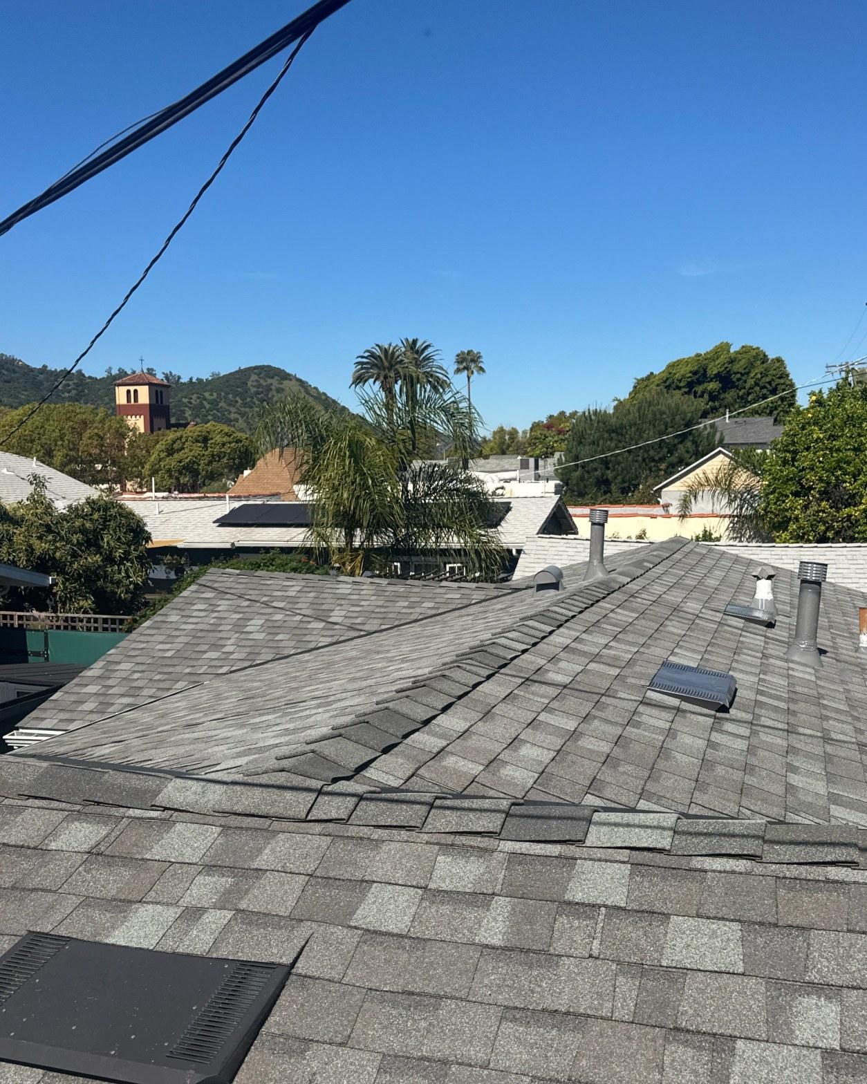 Gray asphalt shingle roof with multiple pipe vents, ridge vent, and palm trees in background, residential neighborhood.