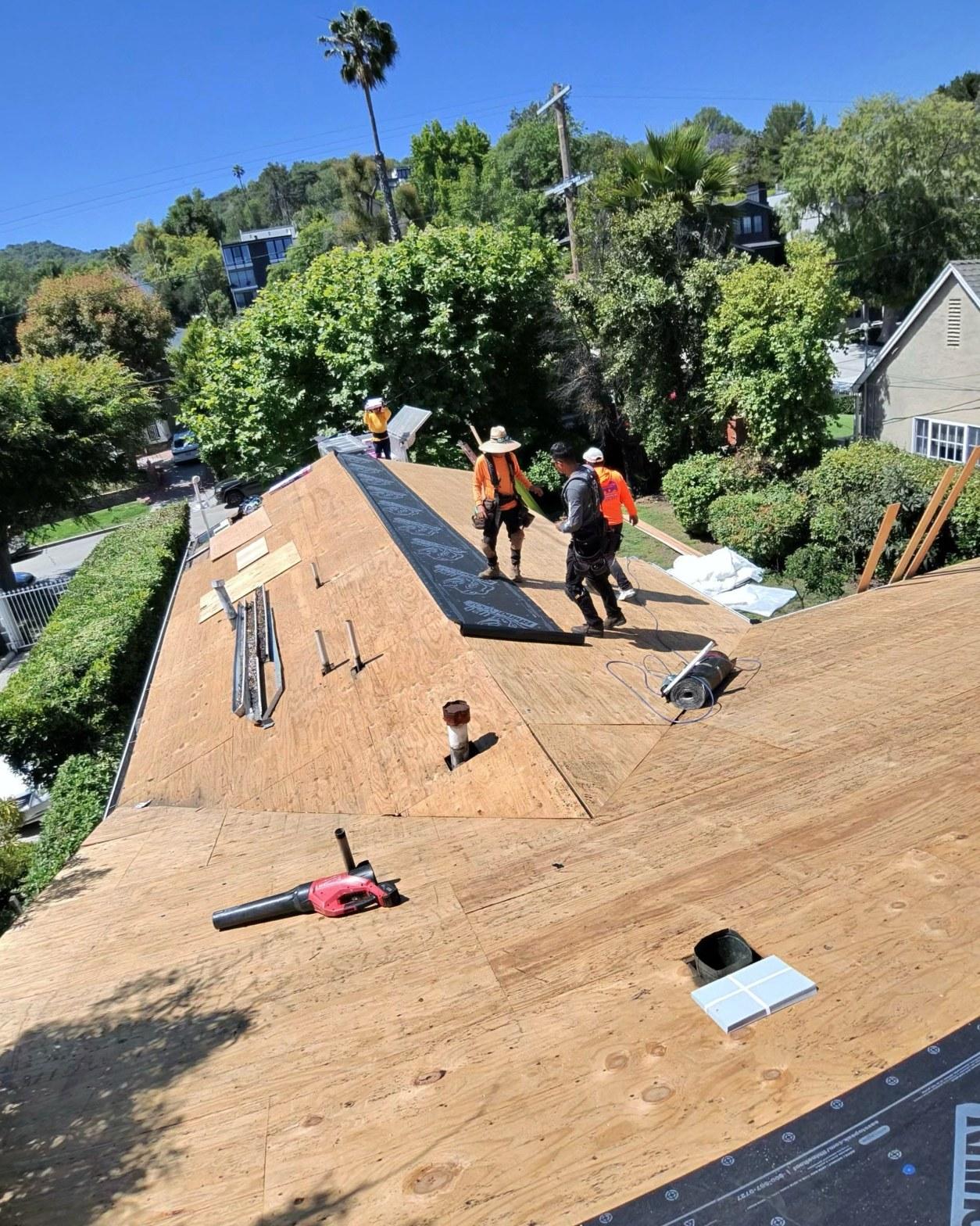 shingle-reroof-14819-sutton-st-los-angeles-559 Three roofers installing black underlayment on exposed plywood roof deck with trees and neighborhood in background.