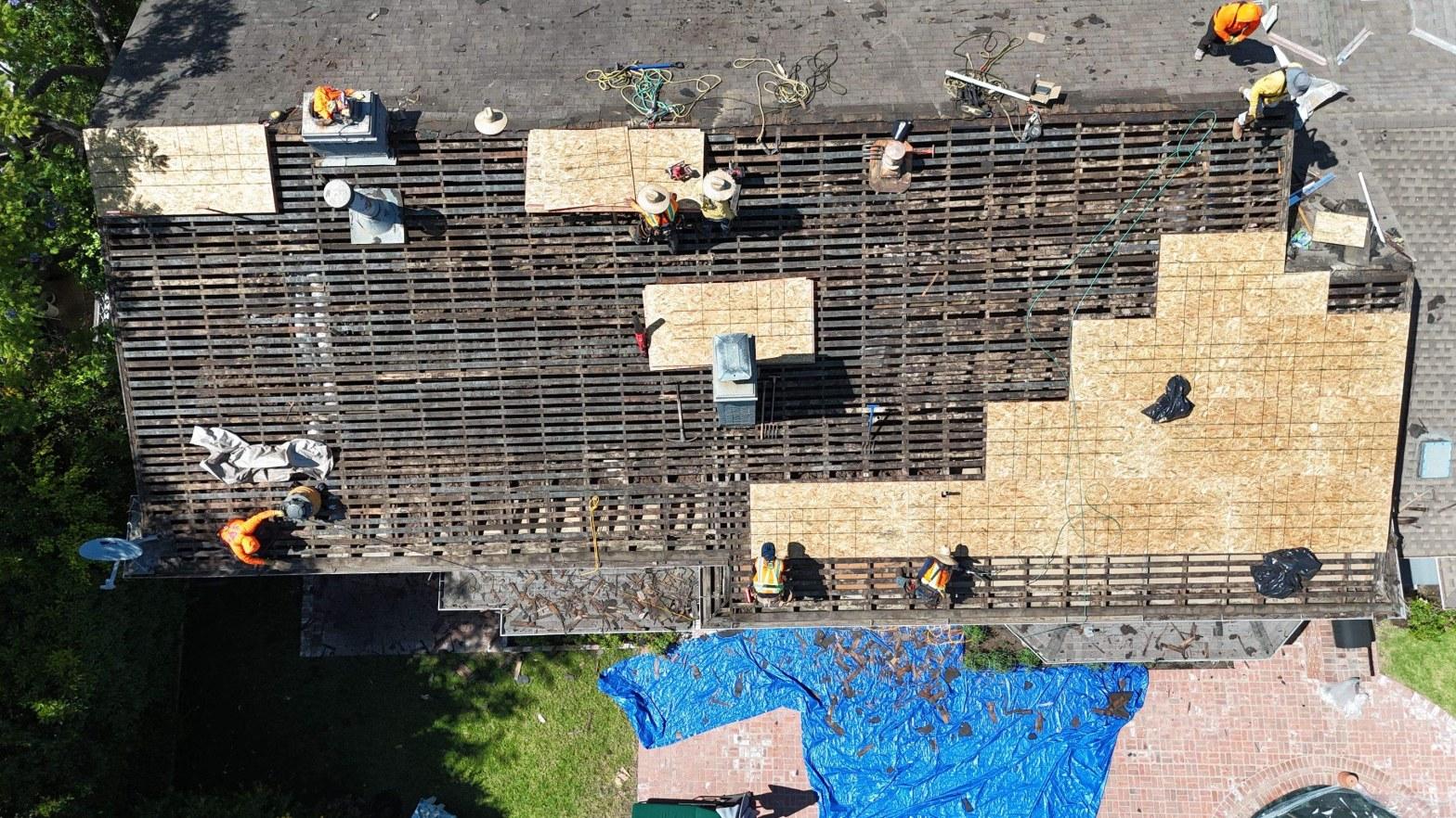 shingle-reroof-motor-ave-los-angeles-616 Aerial view of roofers replacing decking, laying OSB panels over old wooden skip sheathing on residential roof.