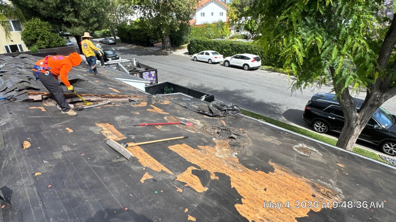 shingle-reroof-solar-complex-flashing-los-angeles-654 Two roofers tearing off old shingles on residential roof, exposing black underlayment and plywood decking below.