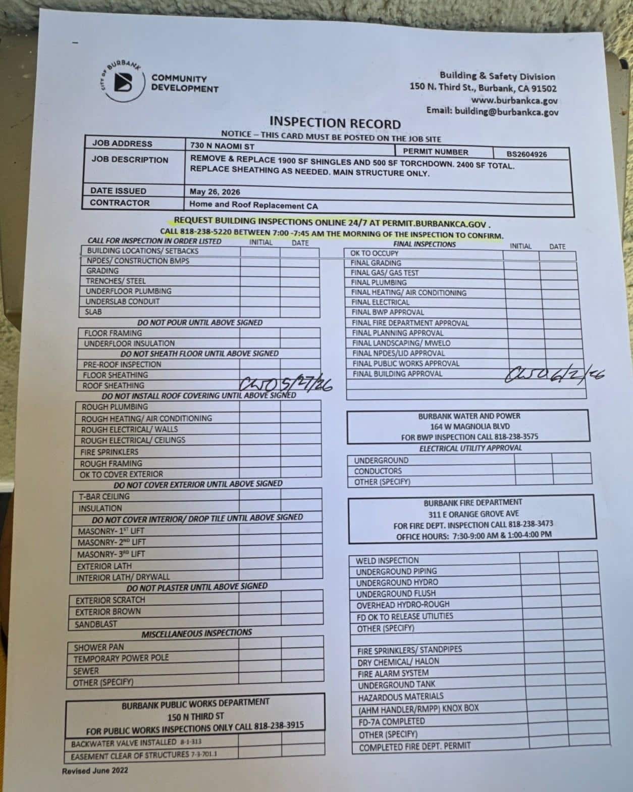 single-reroof-burbank-ca-shingles-flat-flashing-587 Burbank Building & Safety Division inspection record card for roof replacement permit BS2604926 at 730 N Naomi St.