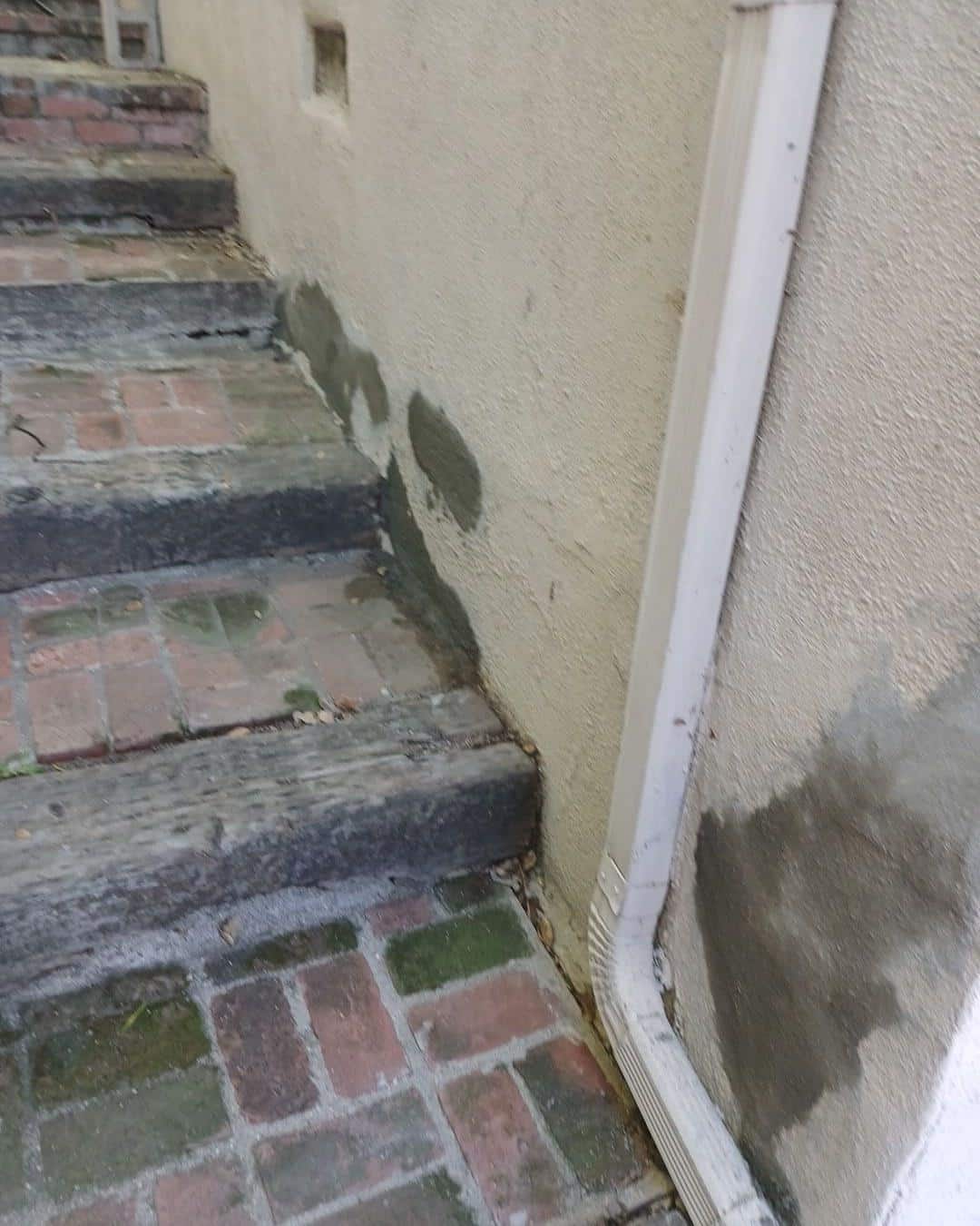 Weathered brick staircase with moisture damage and green algae staining on stucco exterior wall beside door trim.