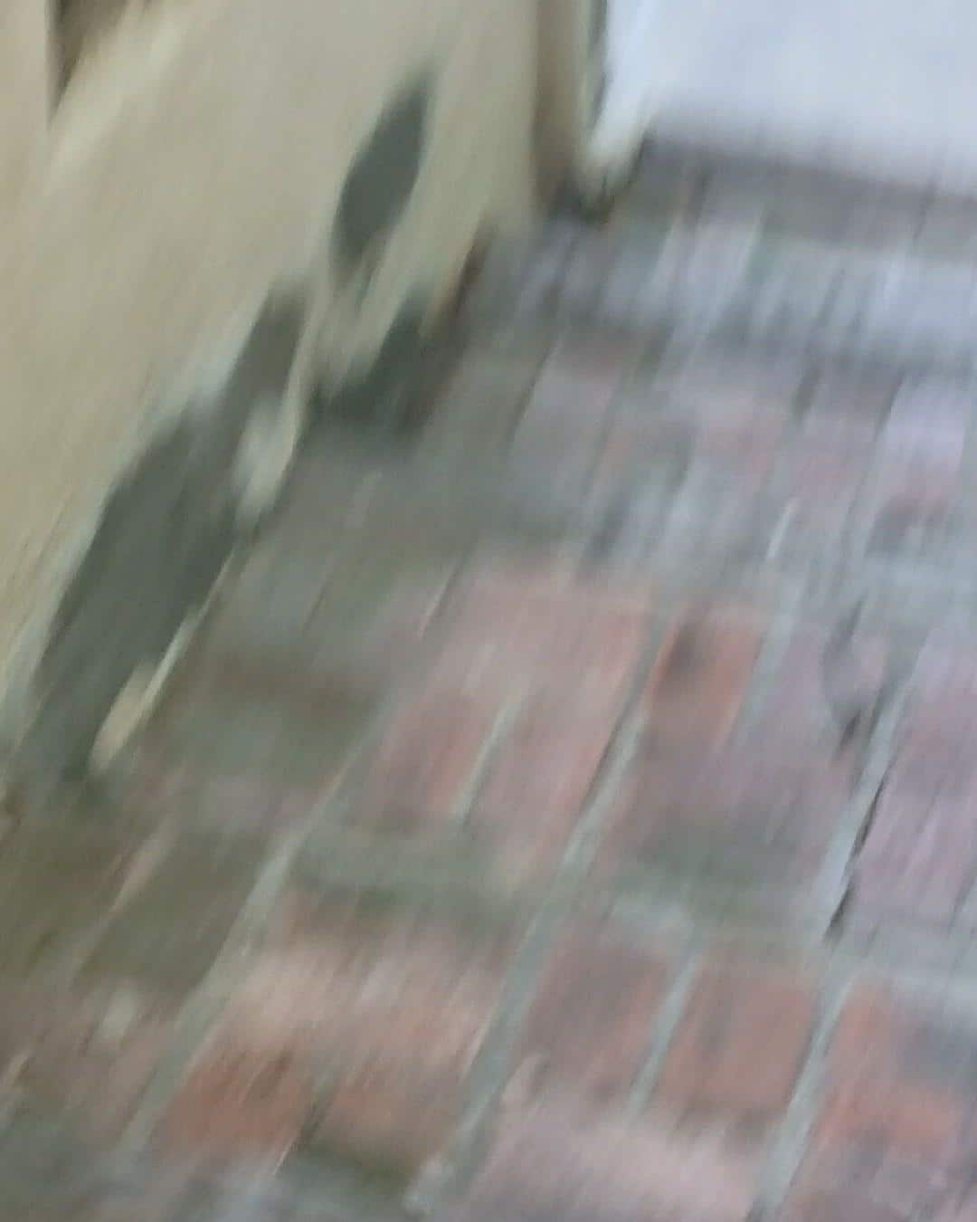 Out-of-focus image of red brick paver flooring next to a beige wall or door frame.