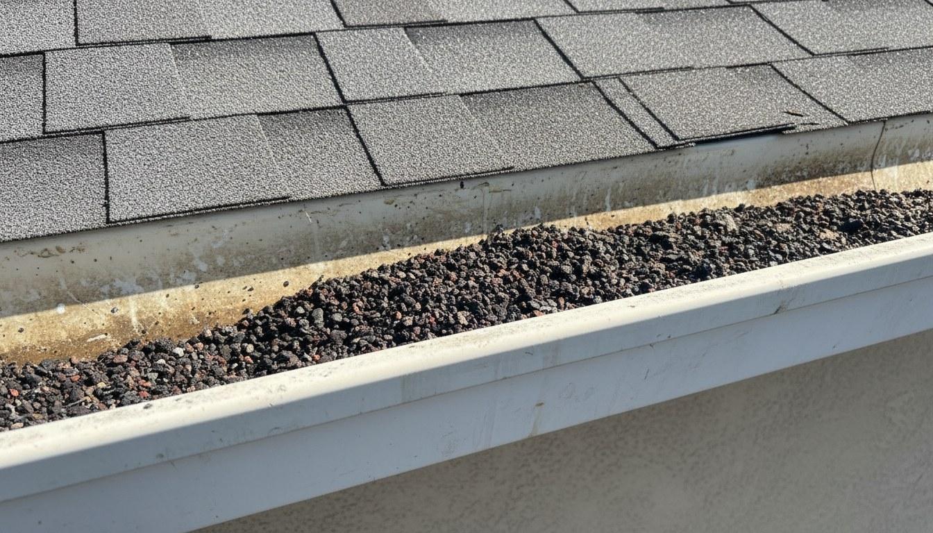 Asphalt granules collected in a residential gutter indicating roof shingle wear and deterioration