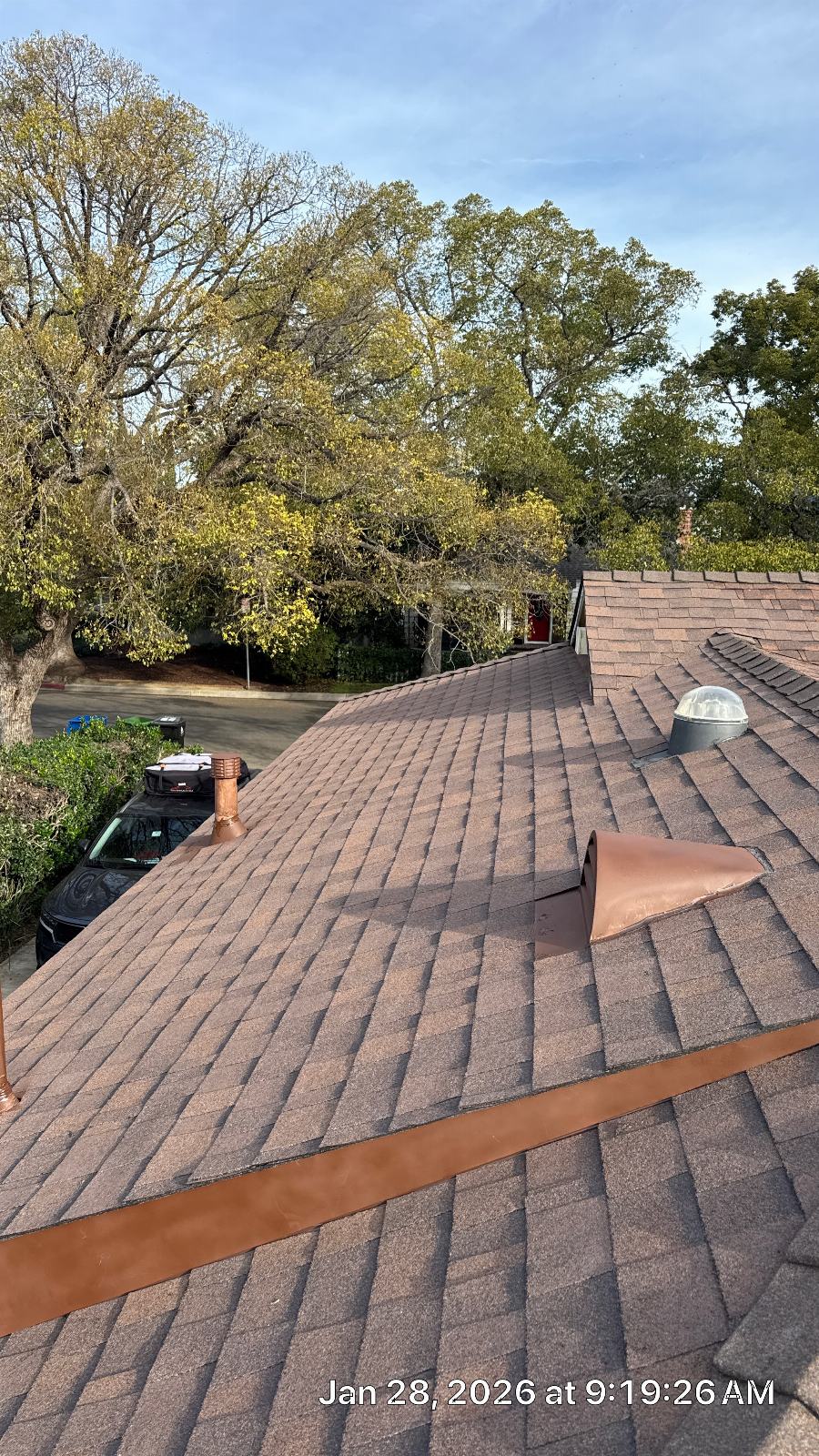 Asphalt shingle roof with copper flashing, pipe boot, and dome skylight | Roof Replacement Inc Asphalt shingle roof with copper flashing, pipe boot, and dome skylight — Roof Replacement Inc