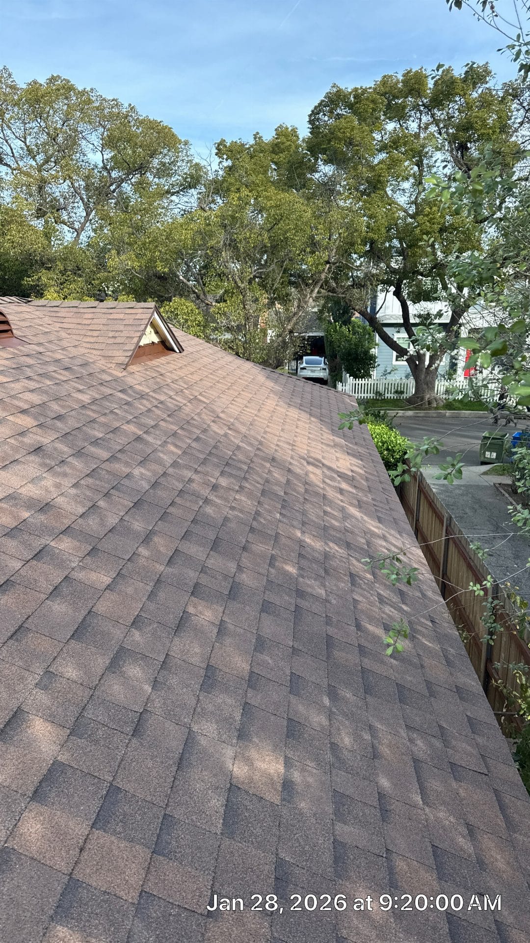 Asphalt shingle roof slope with dormer vent, wood fence below — Roof Replacement Inc