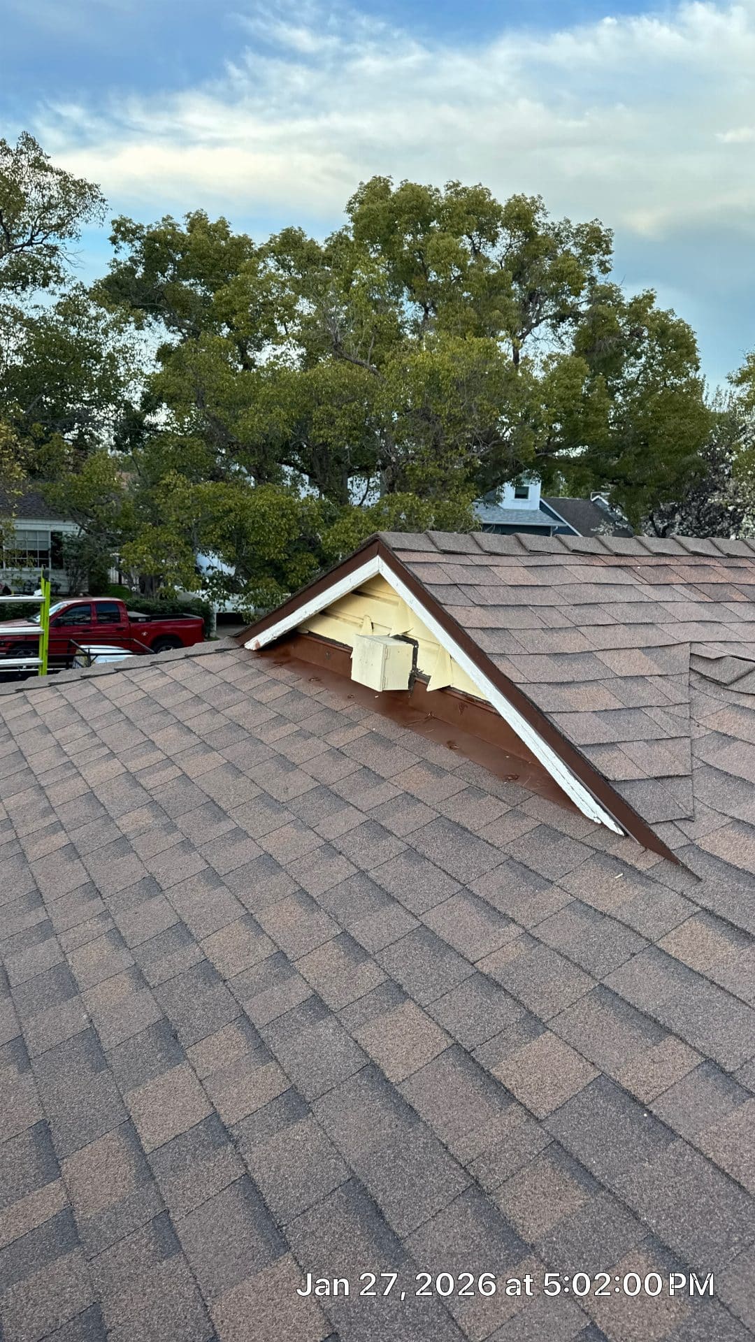 Asphalt shingle roof with dormer, brown drip edge, exhaust vent | Roof Replacement Inc Asphalt shingle roof with dormer, brown drip edge, exhaust vent — Roof Replacement Inc
