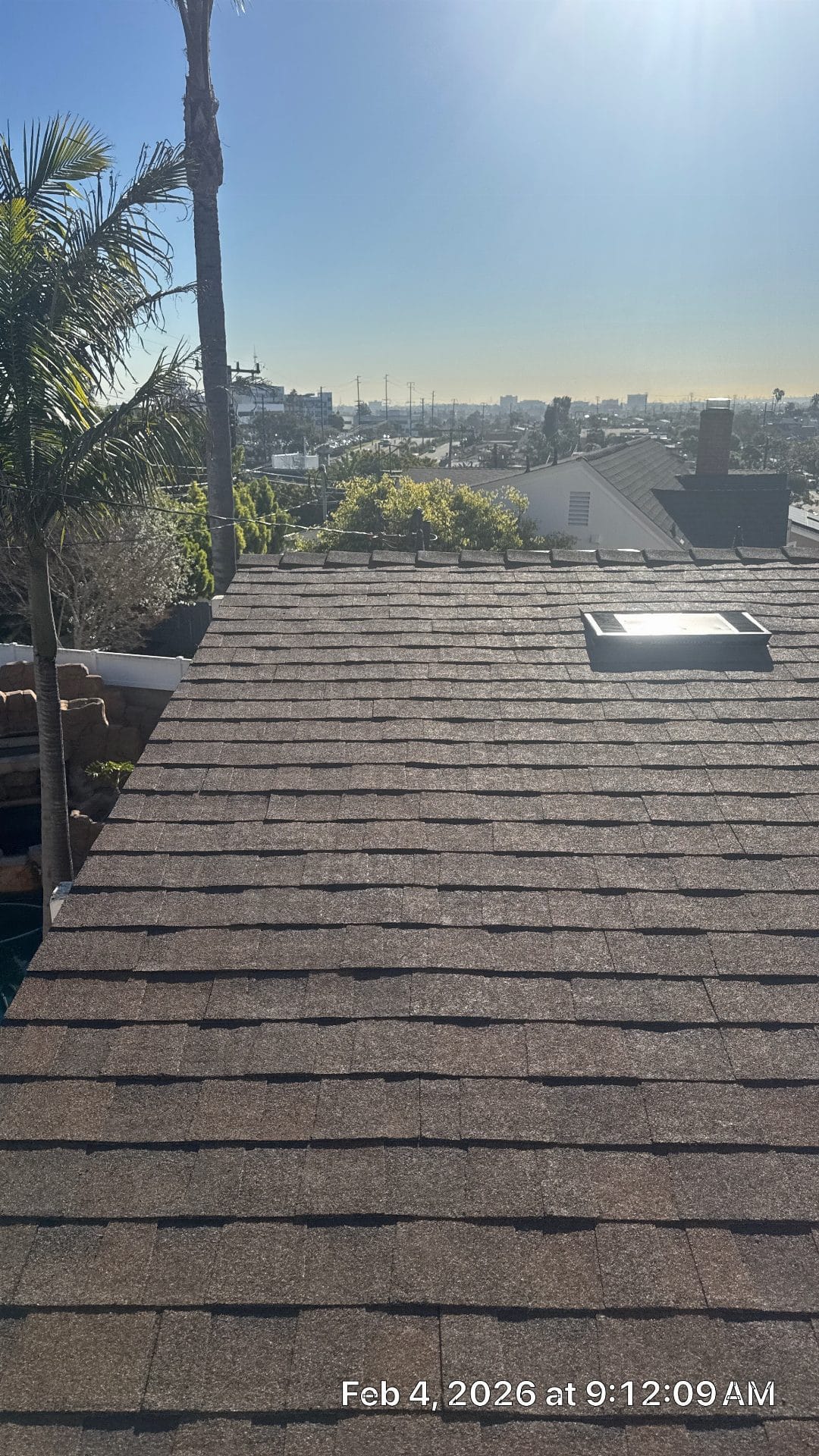 Asphalt shingle roof with skylight, chimney, and city backdrop — Roof Replacement Inc