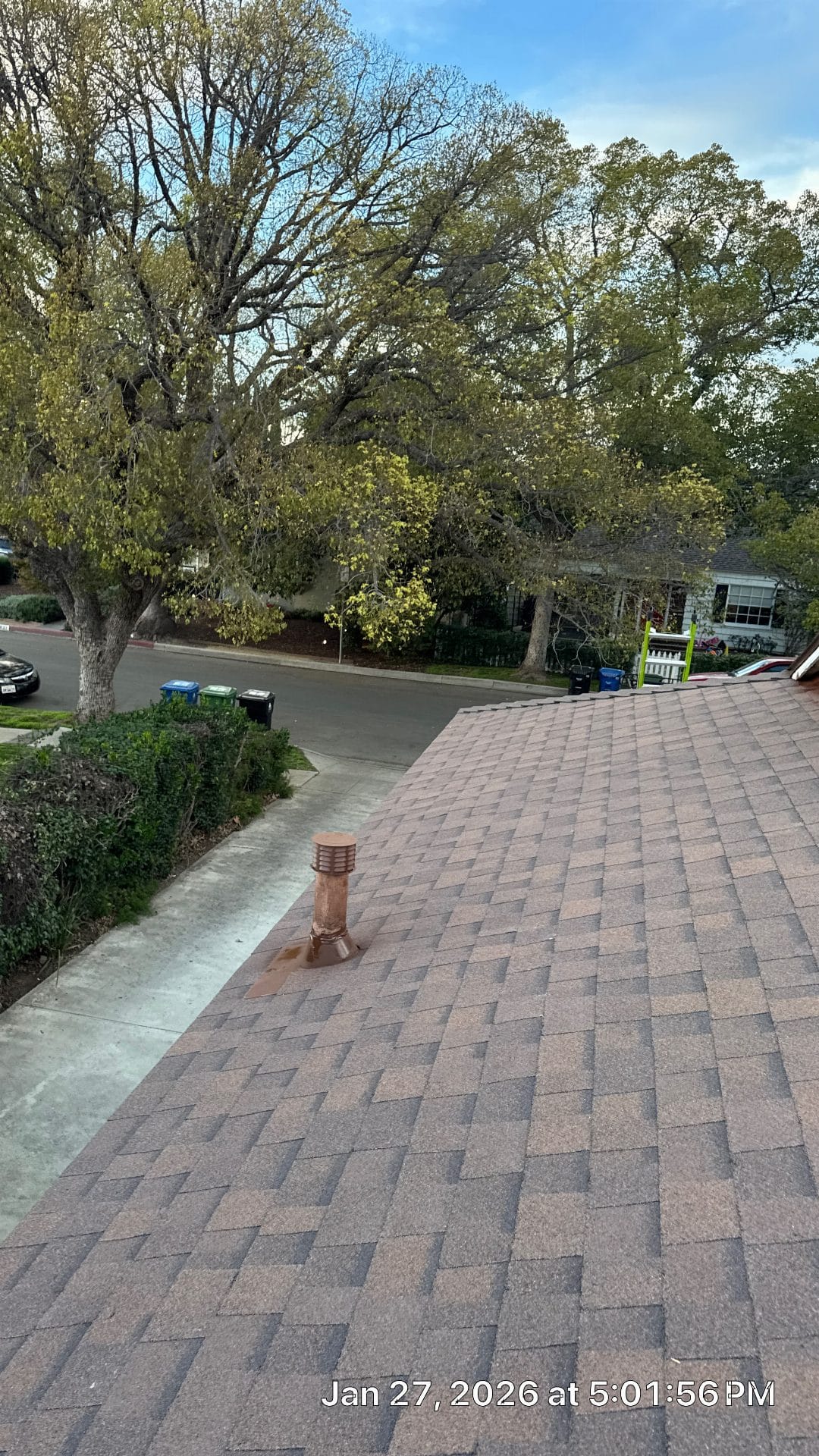 Asphalt shingle roof with copper plumbing vent stack, street view | Roof Replacement Inc Asphalt shingle roof with copper plumbing vent stack, street view — Roof Replacement Inc