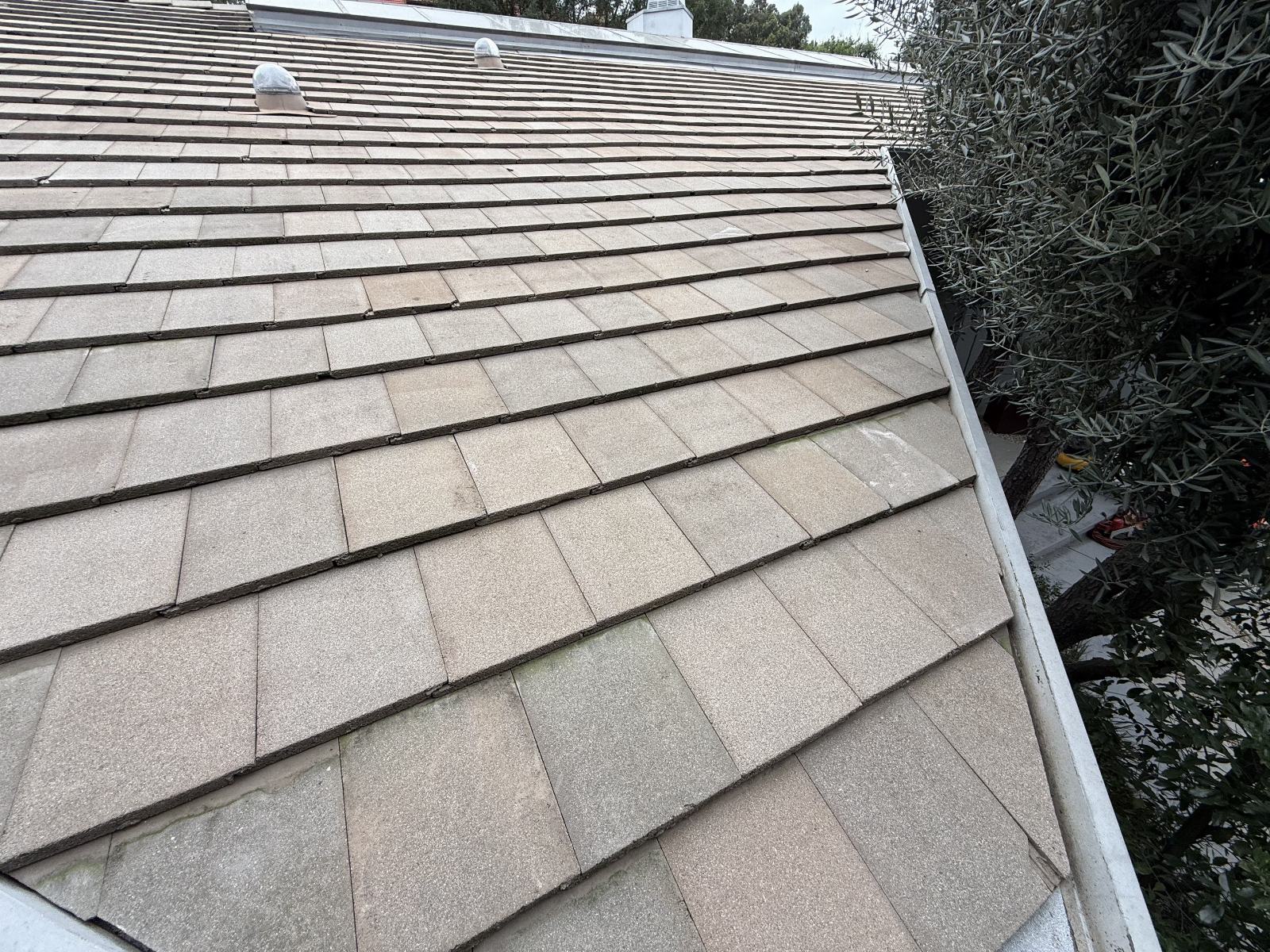 Flat concrete roof tiles on residential pitched roof with gutter | Roof Replacement Inc flat concrete roof tiles on residential pitched roof with gutter — Roof Replacement Inc