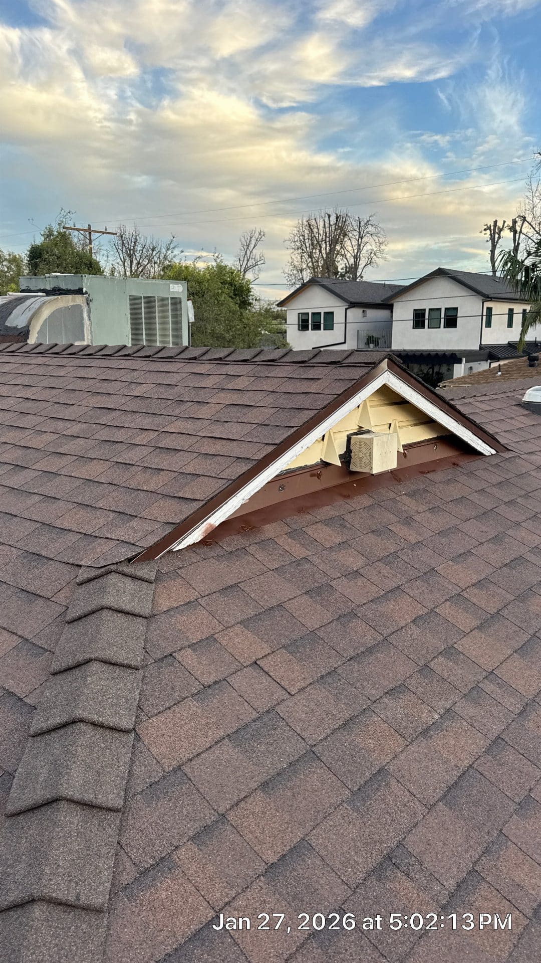 Asphalt shingle roof with damaged dormer, exposed sheathing and flashing | Roof Replacement Inc Asphalt shingle roof with damaged dormer, exposed sheathing and flashing — Roof Replacement Inc