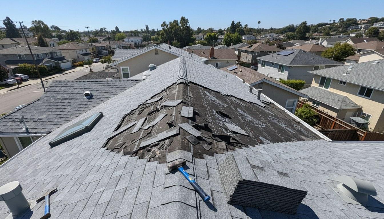 Damaged asphalt shingles on a Southern California residential roof showing exposed underlayment and repair materials staged on the roof deck