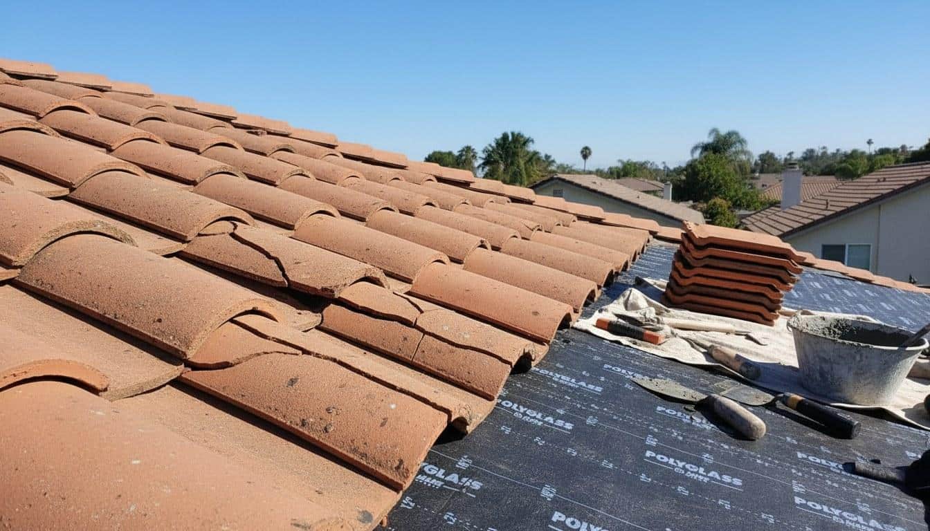Cracked and displaced clay tiles on a Southern California home roof with replacement tiles and mortar tools staged on the roof surface