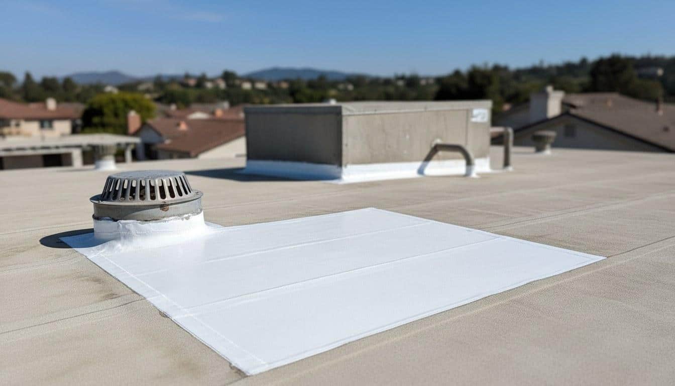 Completed TPO membrane patch repair on a flat residential roof in Southern California with heat-welded seam and roof drain visible
