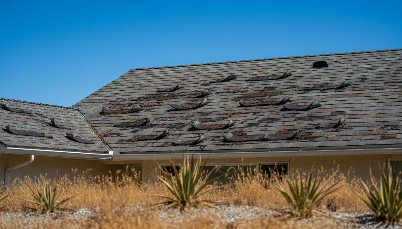 Weathered and damaged asphalt shingle roof on a California home showing signs of wear needing replacement