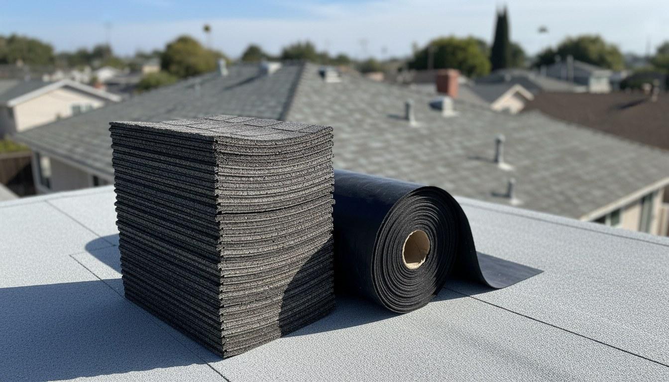 New roofing materials including shingles and underlayment staged on a residential roof deck for replacement project