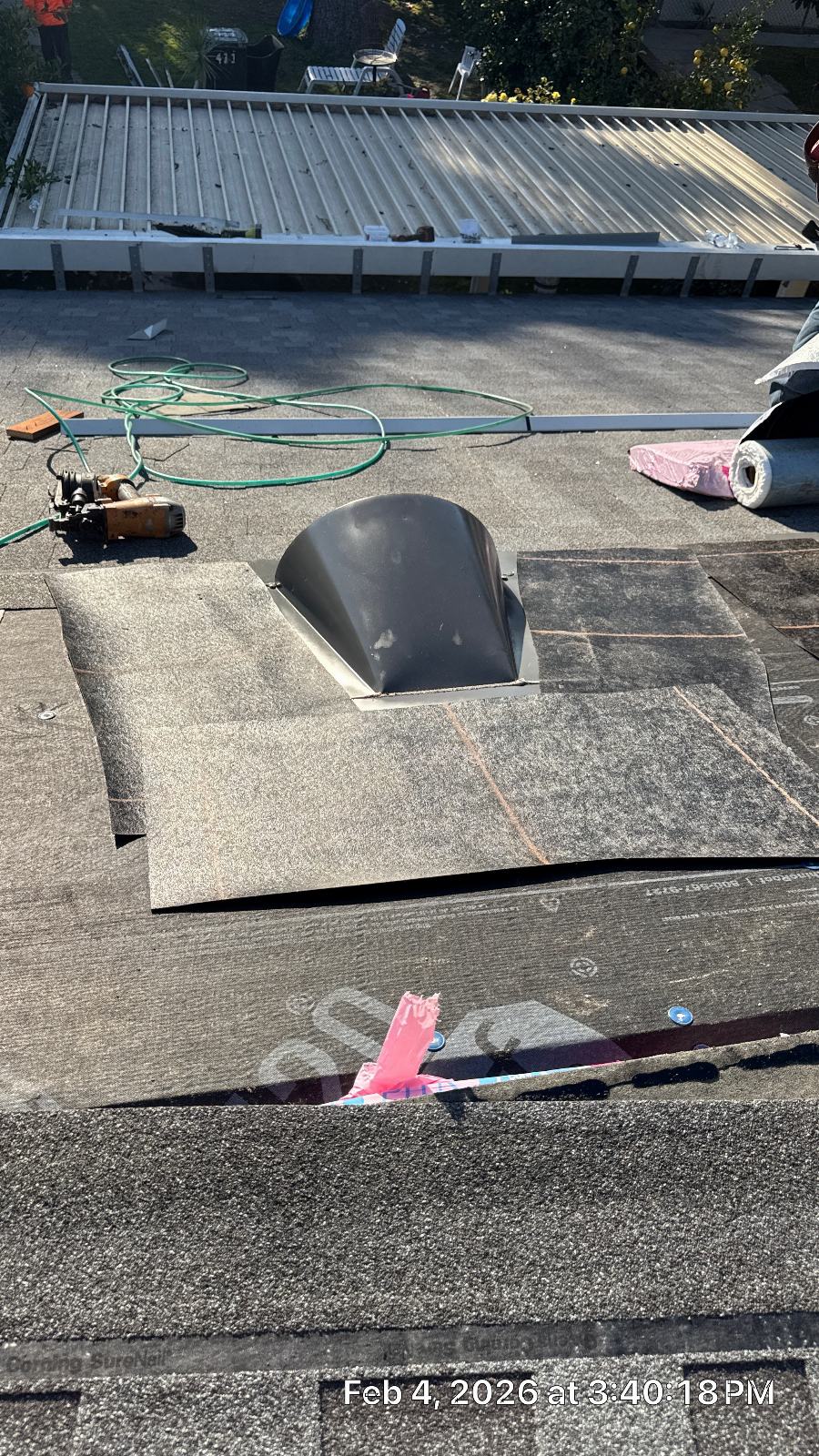 Roof vent boot installed on asphalt shingle underlayment during reroof | Roof Replacement Inc roof vent boot installed on asphalt shingle underlayment during reroof — Roof Replacement Inc