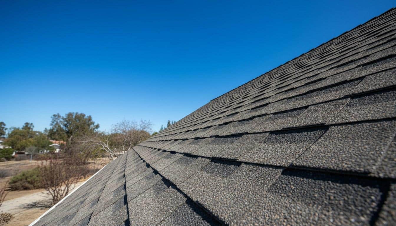 Curling and cupping asphalt shingles on a Southern California residential roof showing signs of heat damage