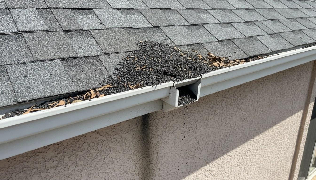 Asphalt granule buildup in a residential gutter indicating shingle wear and signs of needed roof repair