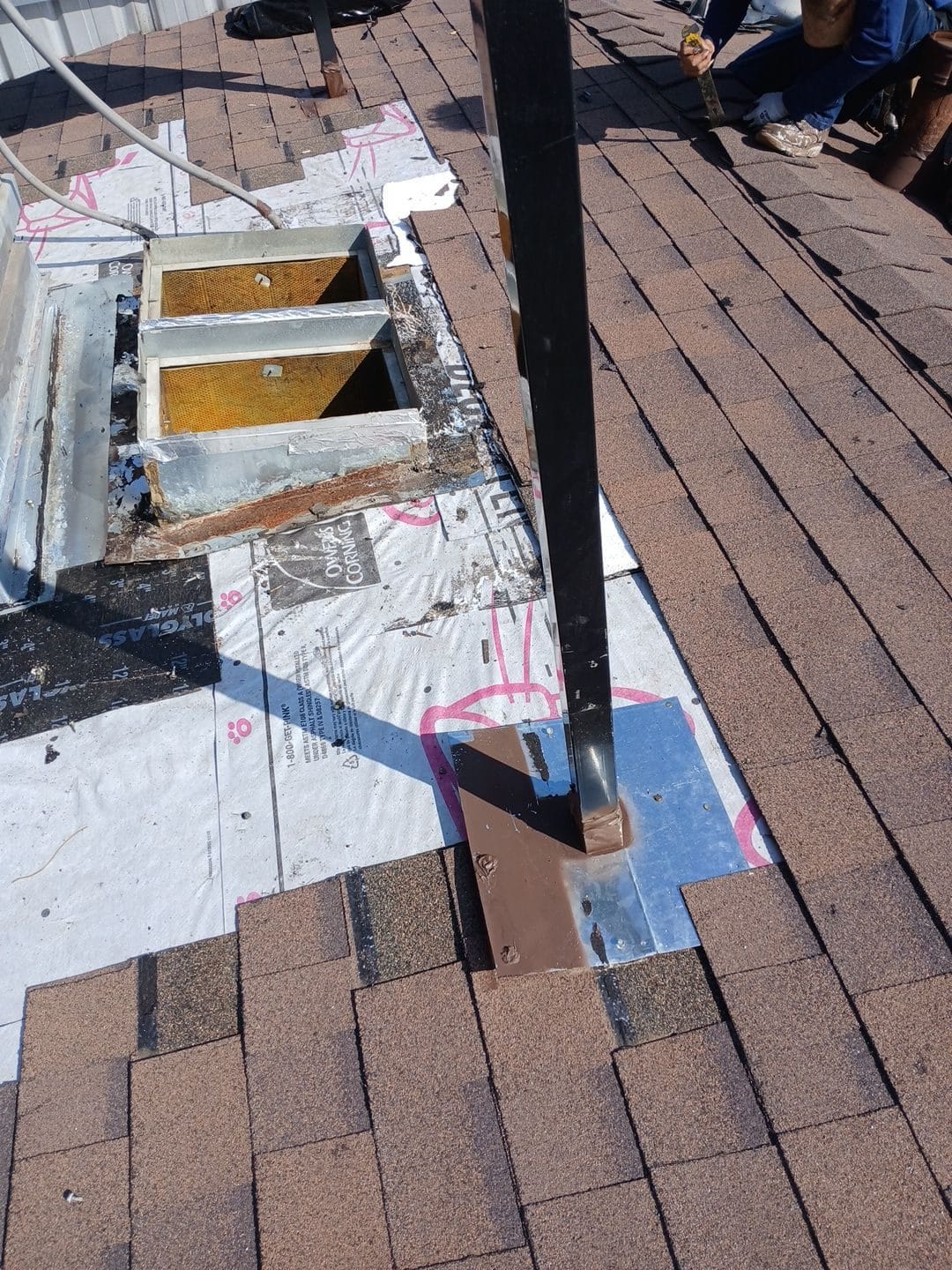 Roof deck with underlayment, pipe flashing, open skylight curb, asphalt shingles | Roof Replacement Inc Roof deck with underlayment, pipe flashing, open skylight curb, asphalt shingles — Roof Replacement Inc
