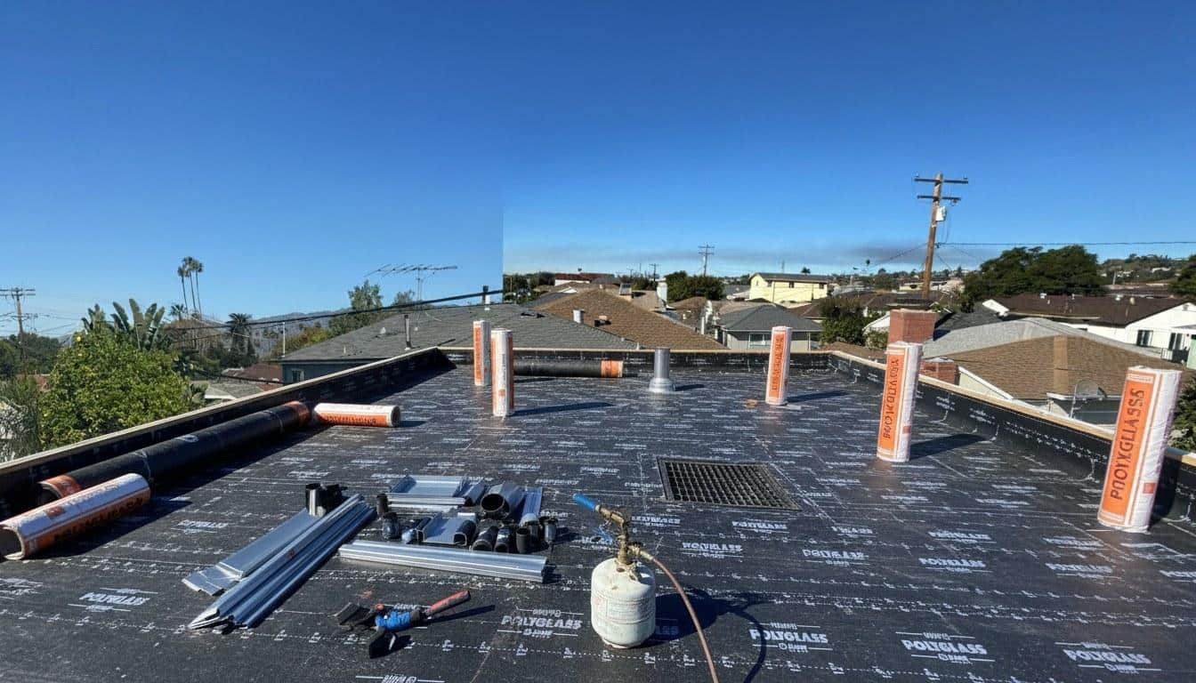 Torch-down roofing materials including rolled membrane and propane torch staged on a flat roof deck