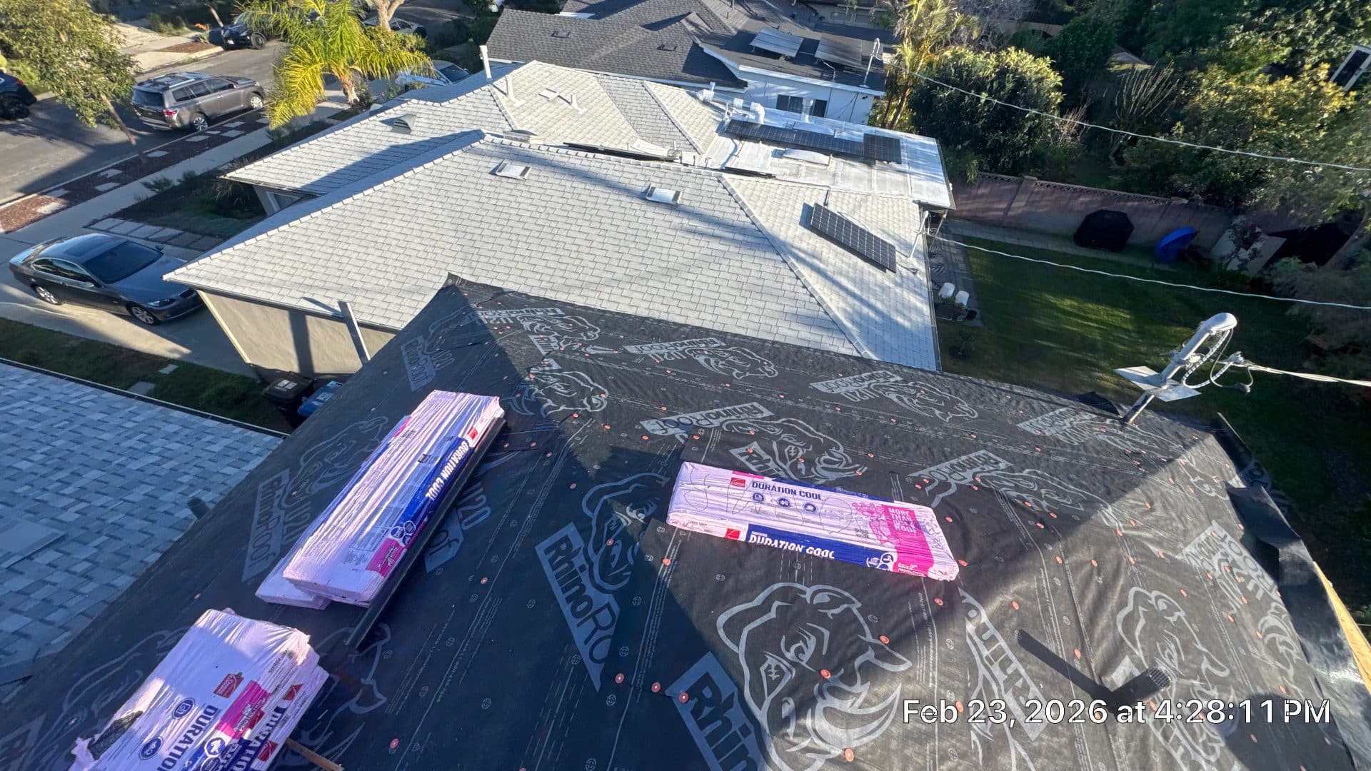 underlayment-duration-cool-shingles-staged-van-nuys-09e31 Cool shingles staged over new underlayment during installation in Van Nuys