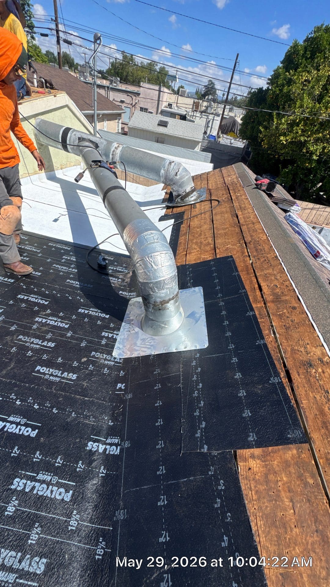 Galvanized vent pipe flashing installed on Polyglass underlayment roof deck | Roof Replacement Inc galvanized vent pipe flashing installed on Polyglass underlayment roof deck — Roof Replacement Inc