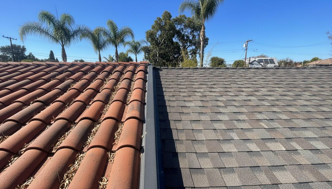 Asphalt shingles versus clay tile roofing side by side on a Southern California home exterior