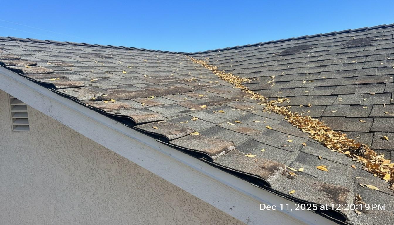 Curling and granule-worn asphalt shingles on a California residential roof during end-of-summer inspection