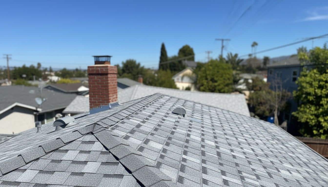 Close-up of asphalt shingles on a California residential roof with chimney flashing visible