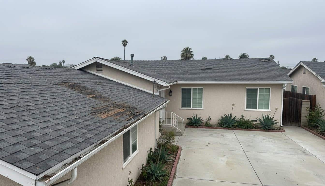 Southern California home with aging asphalt shingle roof ready for replacement