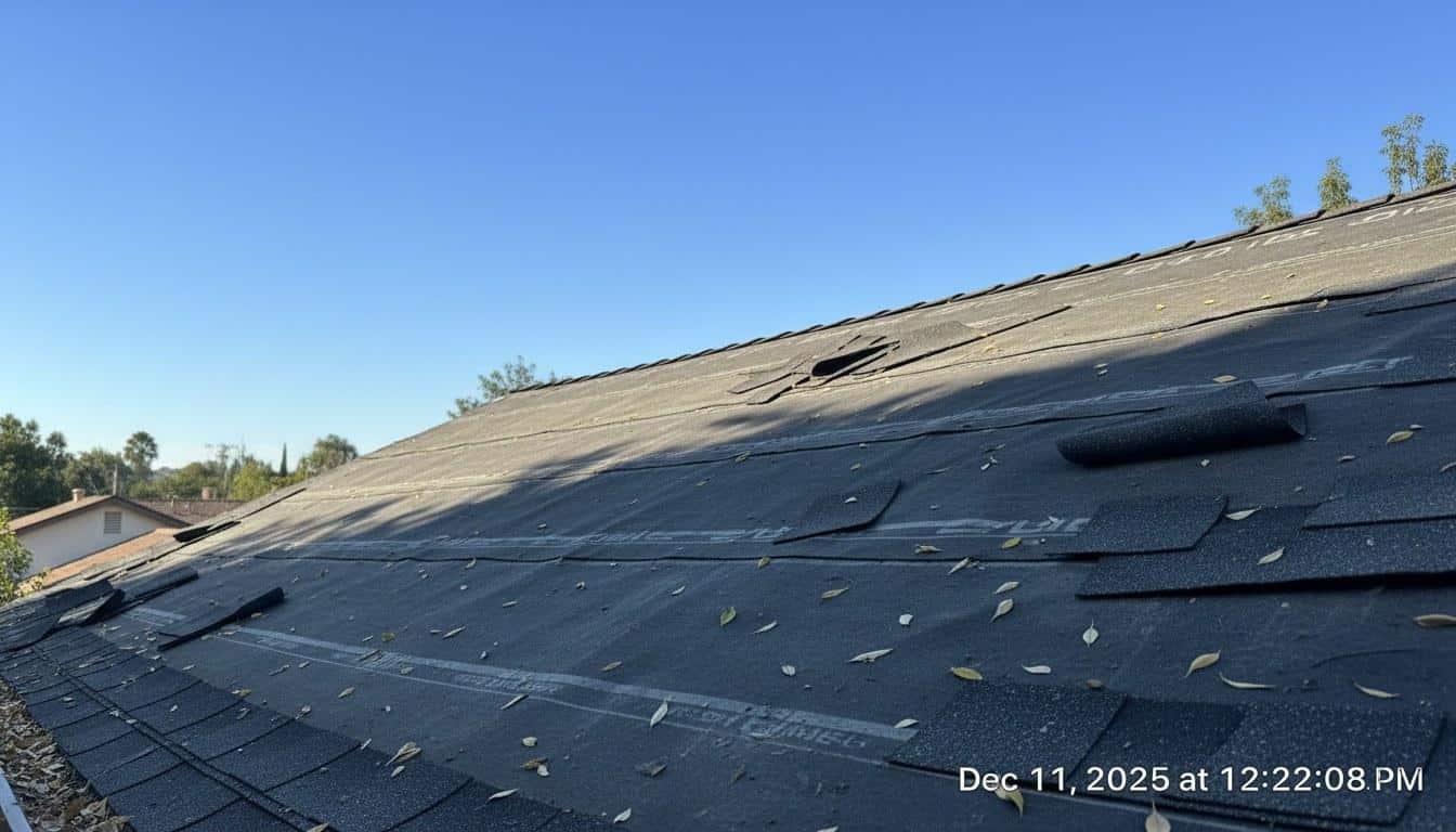 Damaged asphalt shingles and exposed underlayment on a California rental property roof