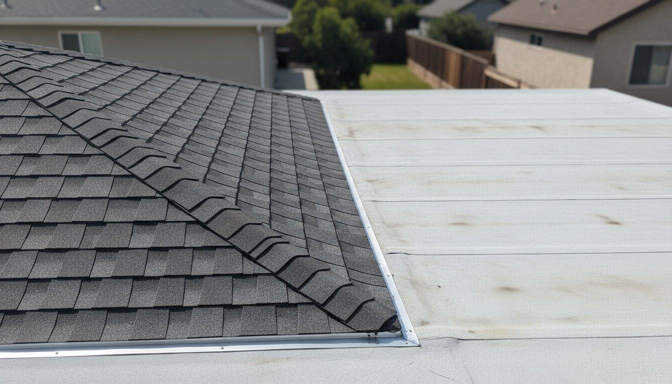 Side-by-side view of asphalt shingle roof and flat TPO membrane roof on a California ADU structure