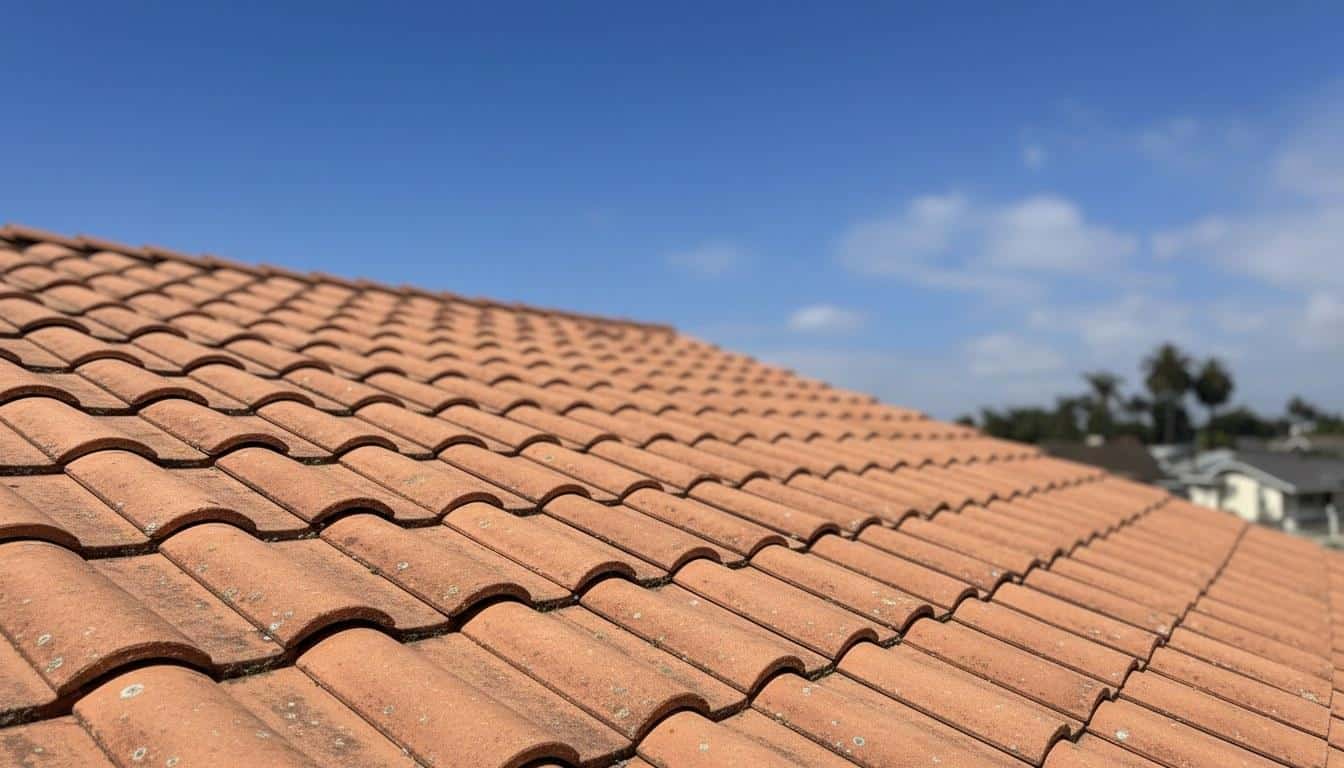 Clay tile roof surface on a Southern California home showing curved terracotta tiles in sunlight