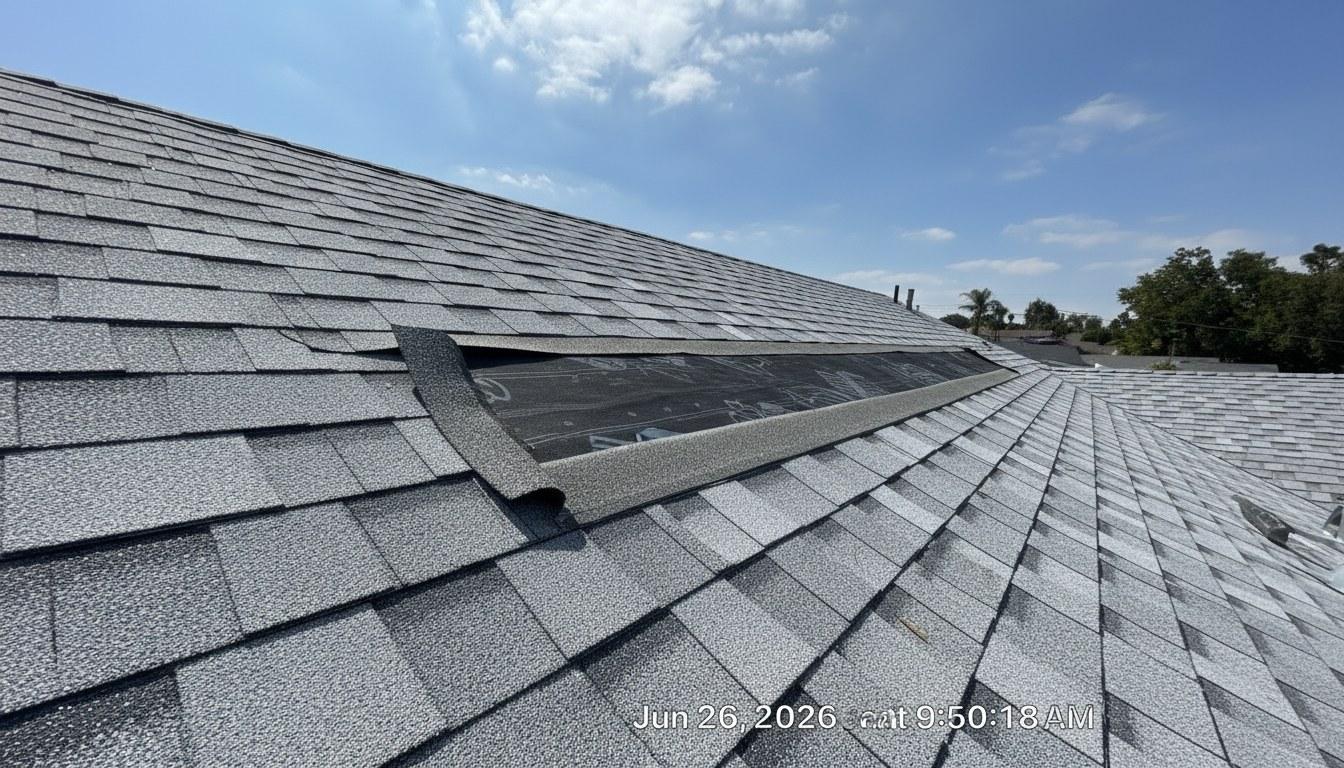 Close-up of worn asphalt shingles with granule loss during a California roof inspection