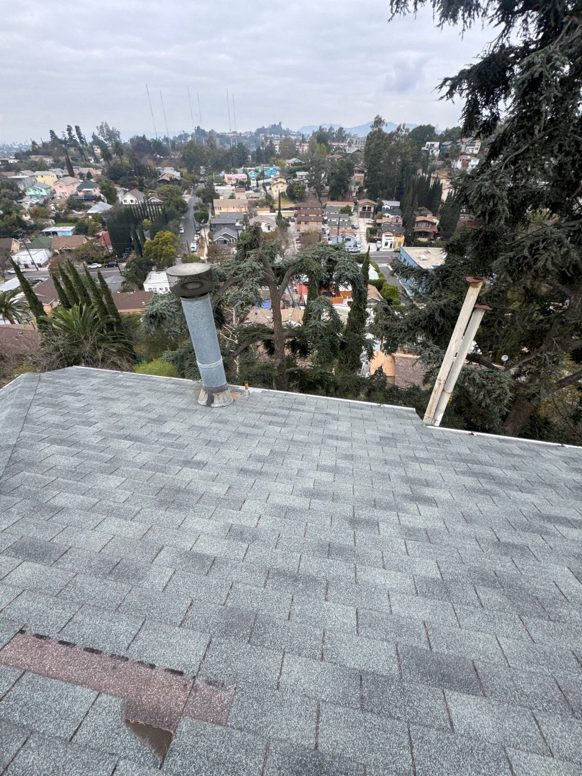 Asphalt shingle roof with metal flue pipe, partial shingle damage visible — Echo Park — Roof Replacement Inc