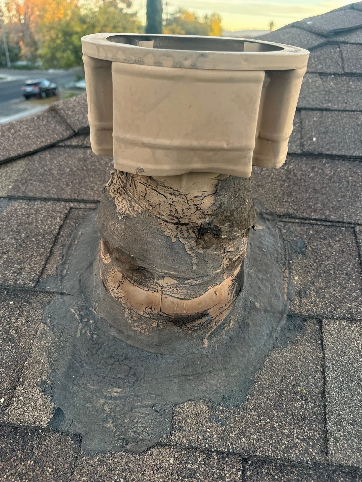 Deteriorated rubber pipe boot flashing on asphalt shingle roof in North Hollywood | Roof Replacement Inc Deteriorated rubber pipe boot flashing on asphalt shingle roof — North Hollywood — Roof Replacement Inc
