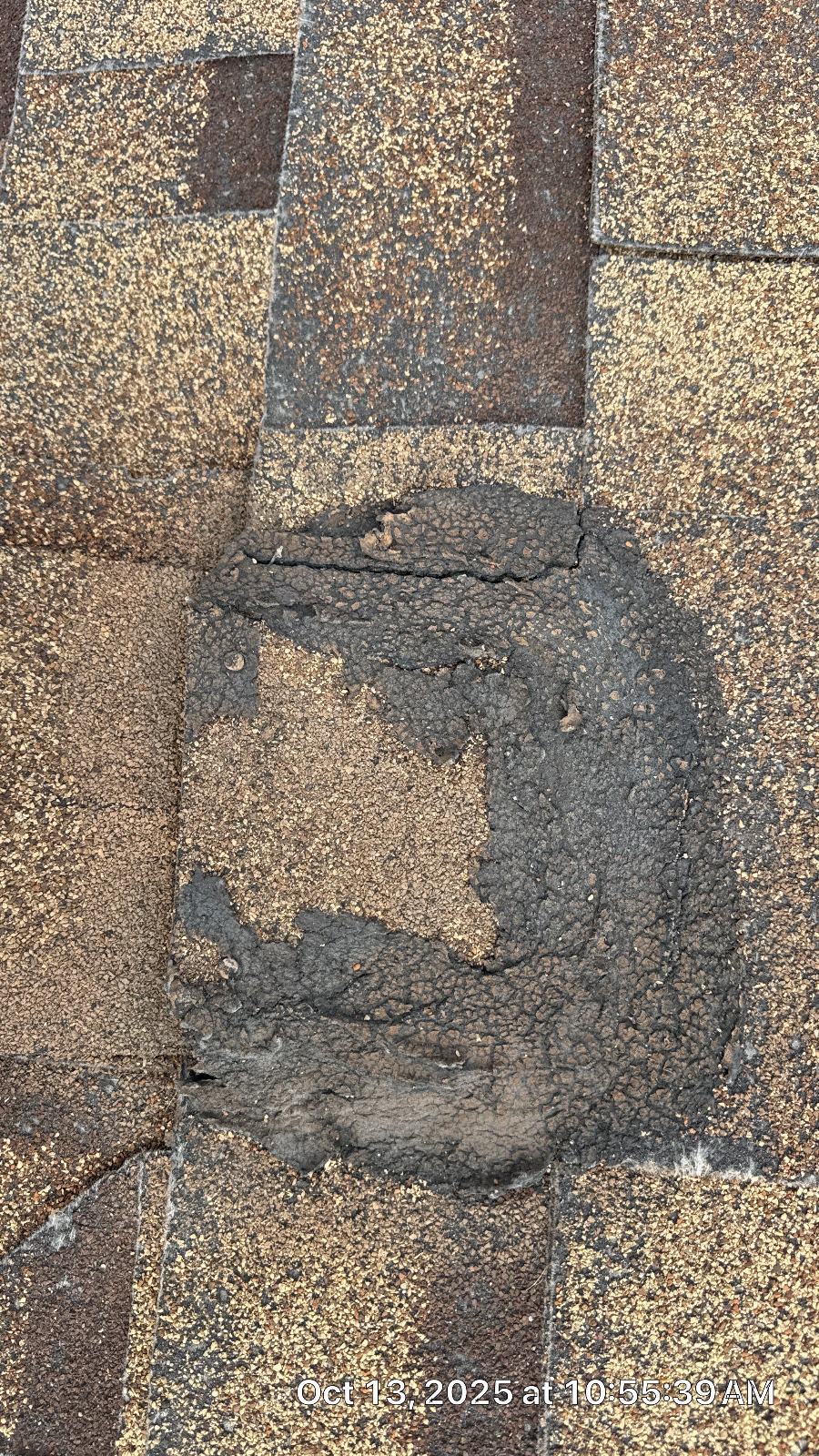Cracked dried roofing tar over asphalt shingles, granule loss visible in Burbank | Roof Replacement Inc Cracked dried roofing tar over asphalt shingles, granule loss visible — Burbank — Roof Replacement Inc