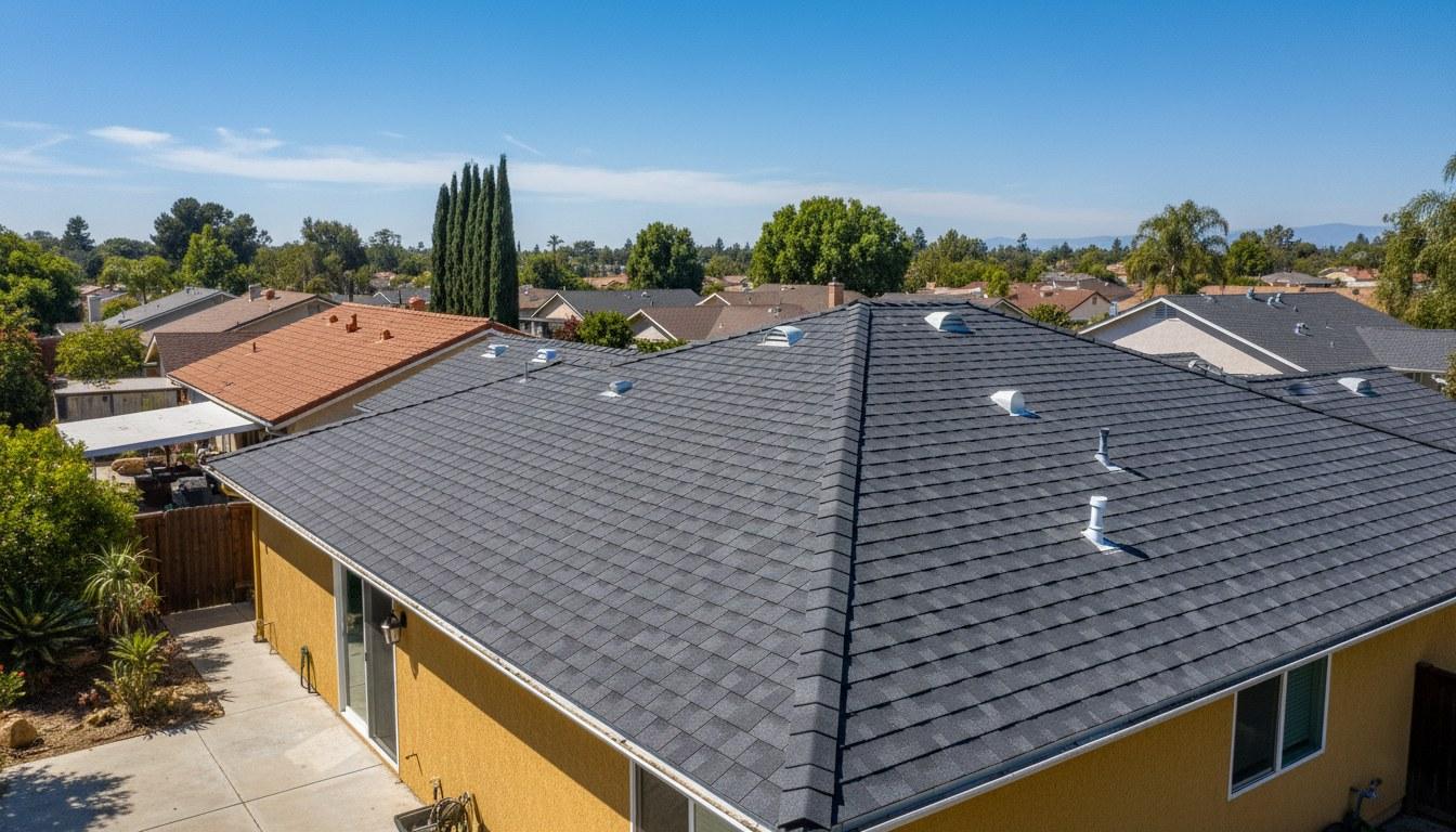 Newly installed architectural asphalt shingles on a California residential roof replacement