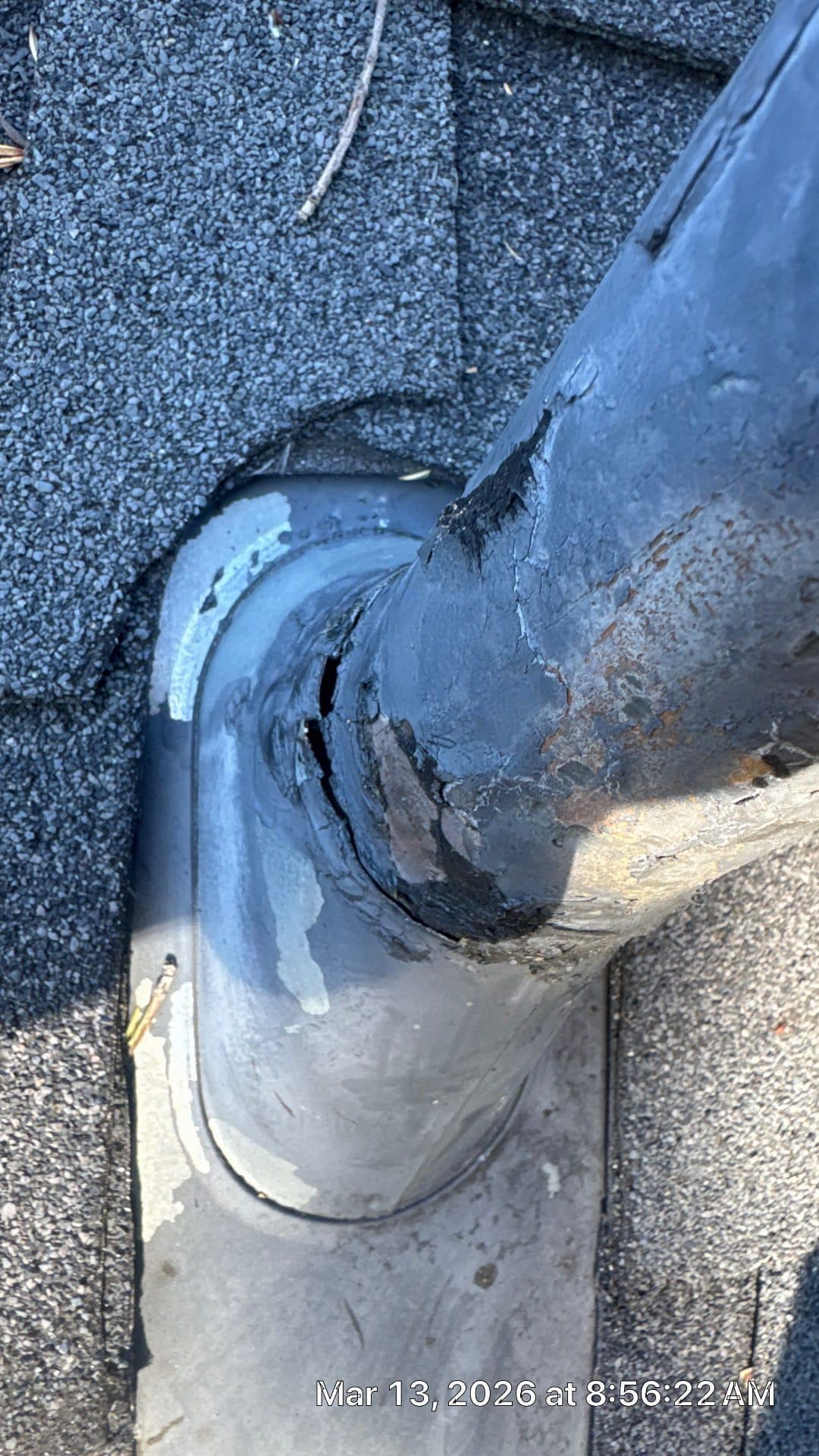 Deteriorated pipe boot flashing on asphalt shingle roof in Sherman Oaks | Roof Replacement Inc Deteriorated pipe boot flashing on asphalt shingle roof — Sherman Oaks — Roof Replacement Inc