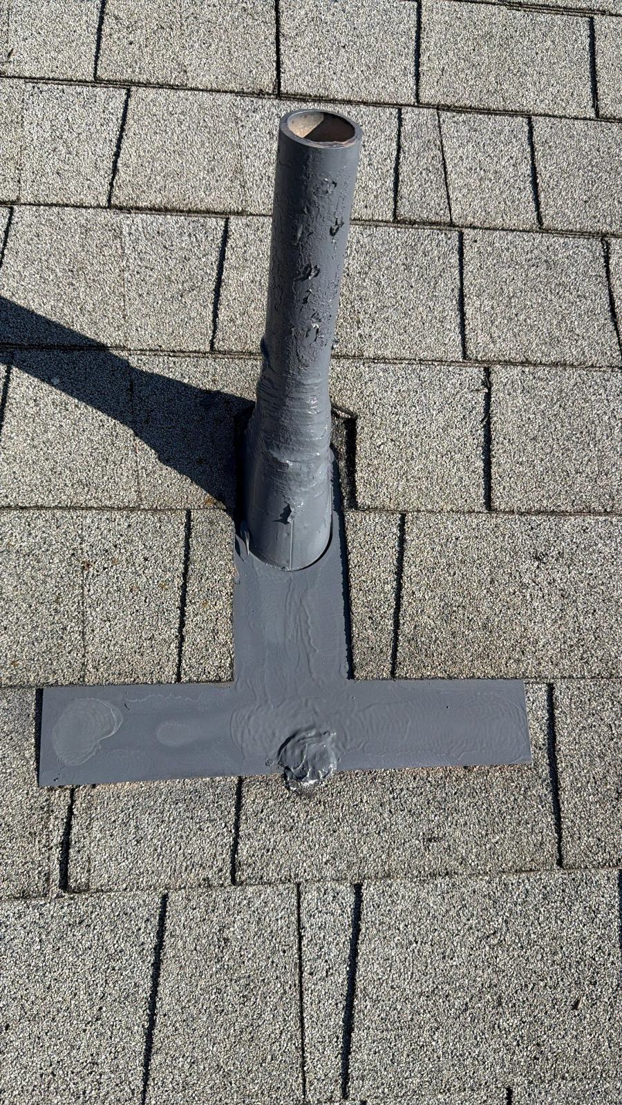 Lead pipe boot flashing on asphalt shingle roof, painted gray in San Gabriel Valley | Roof Replacement Inc Lead pipe boot flashing on asphalt shingle roof, painted gray — San Gabriel Valley — Roof Replacement Inc