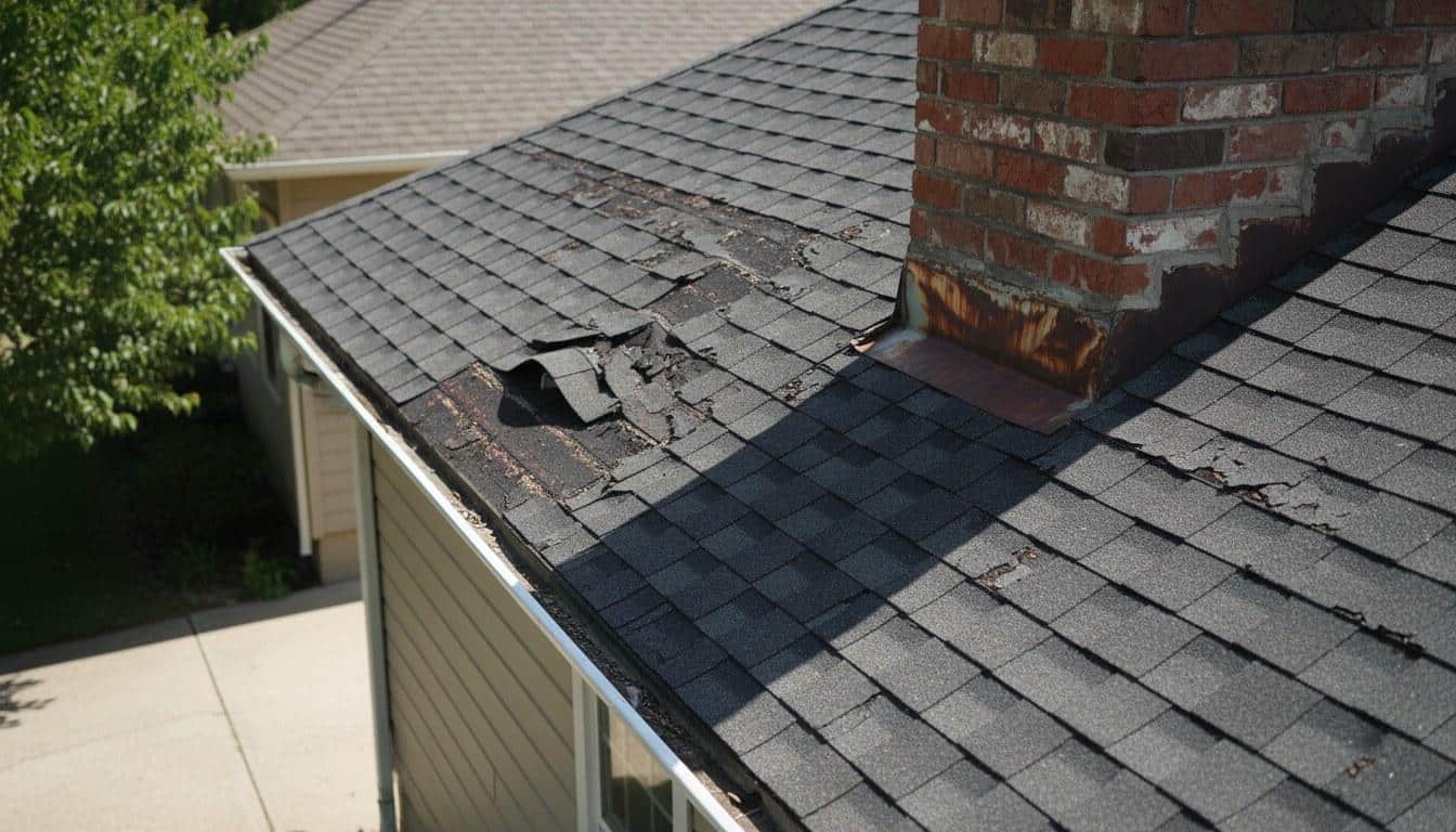 Residential roof with curling shingles and damaged flashing showing common roofing problems