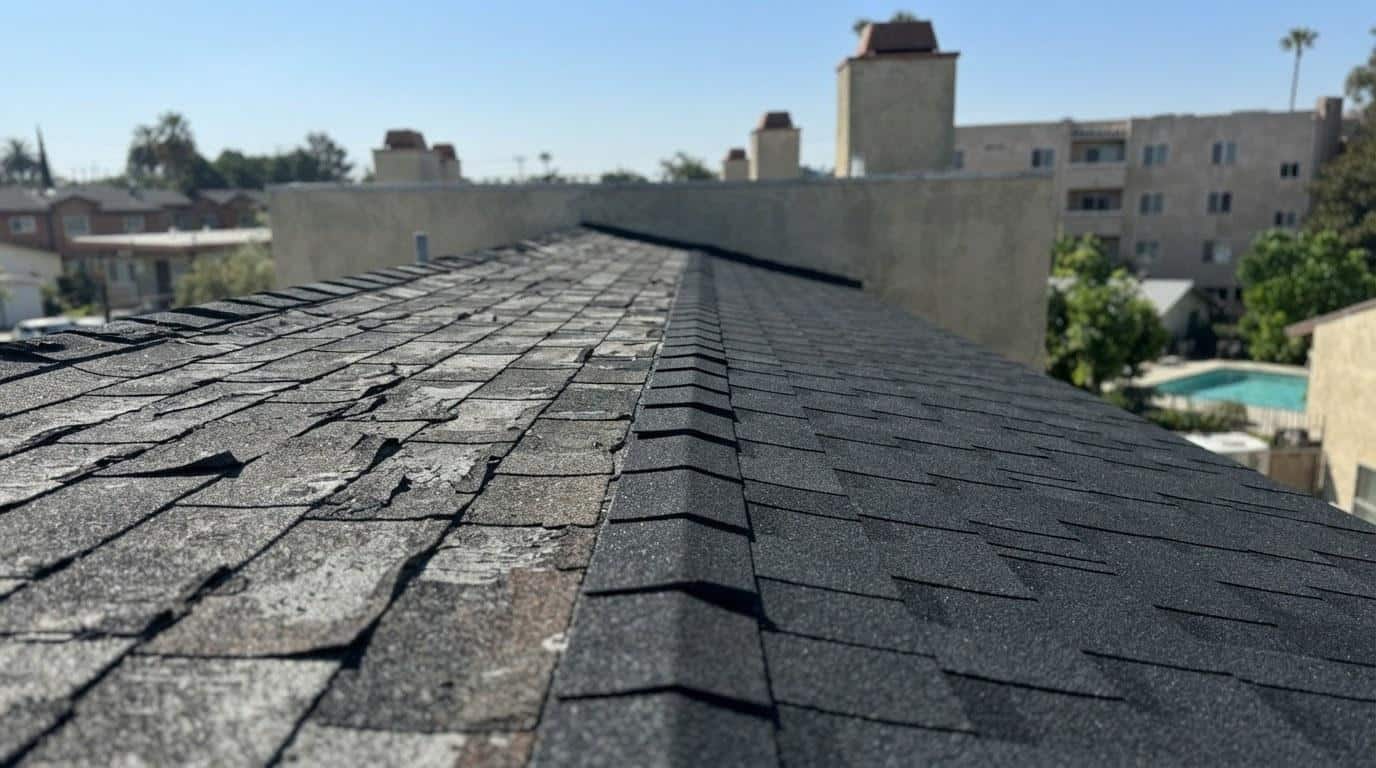 Partial shingle replacement section next to aged shingles on a California residential roof