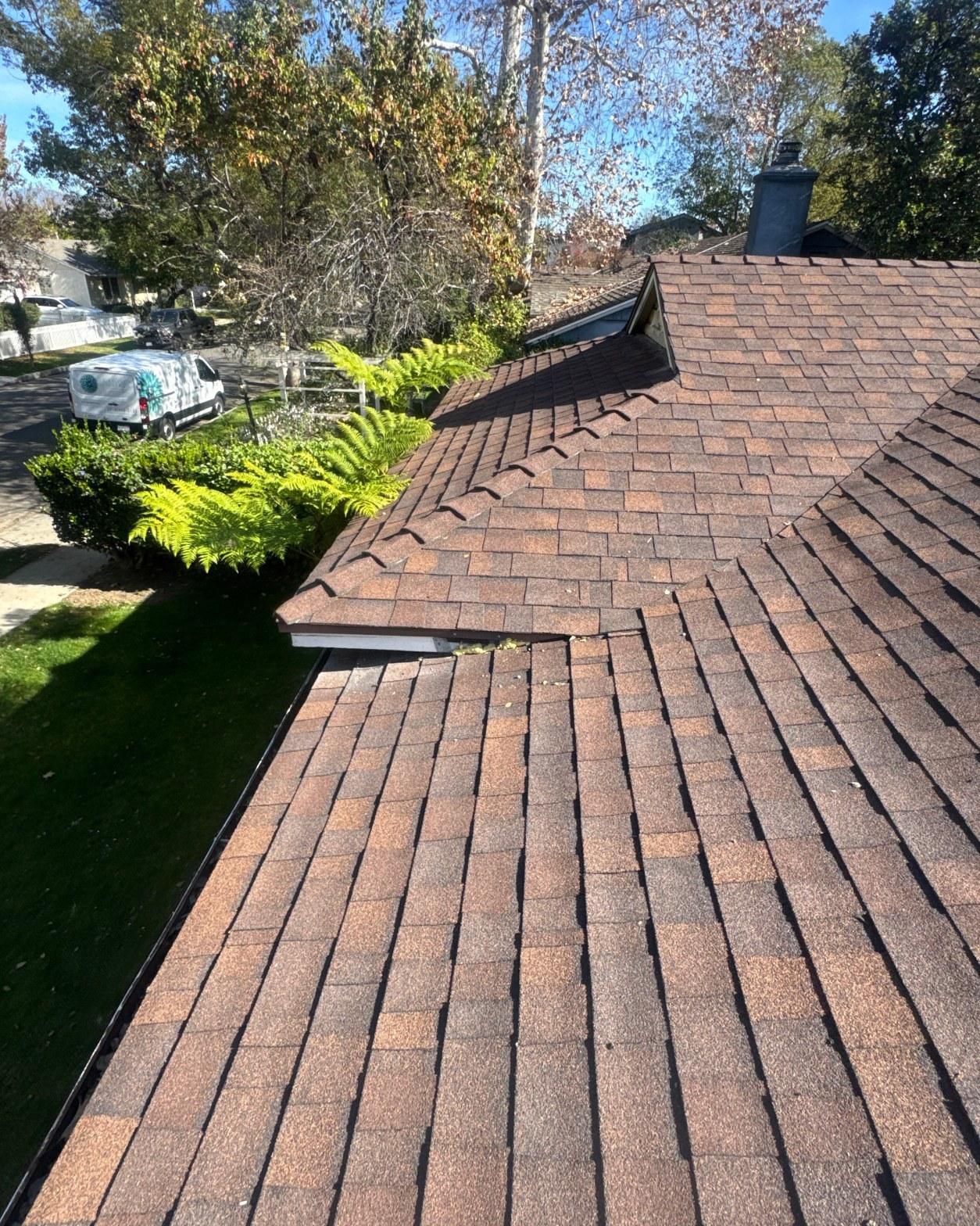 shingle-reroof-duration-cool-plus-los-angeles-3310 Close-up of brown asphalt shingle roof with gutters, chimney, and green landscaping visible below.