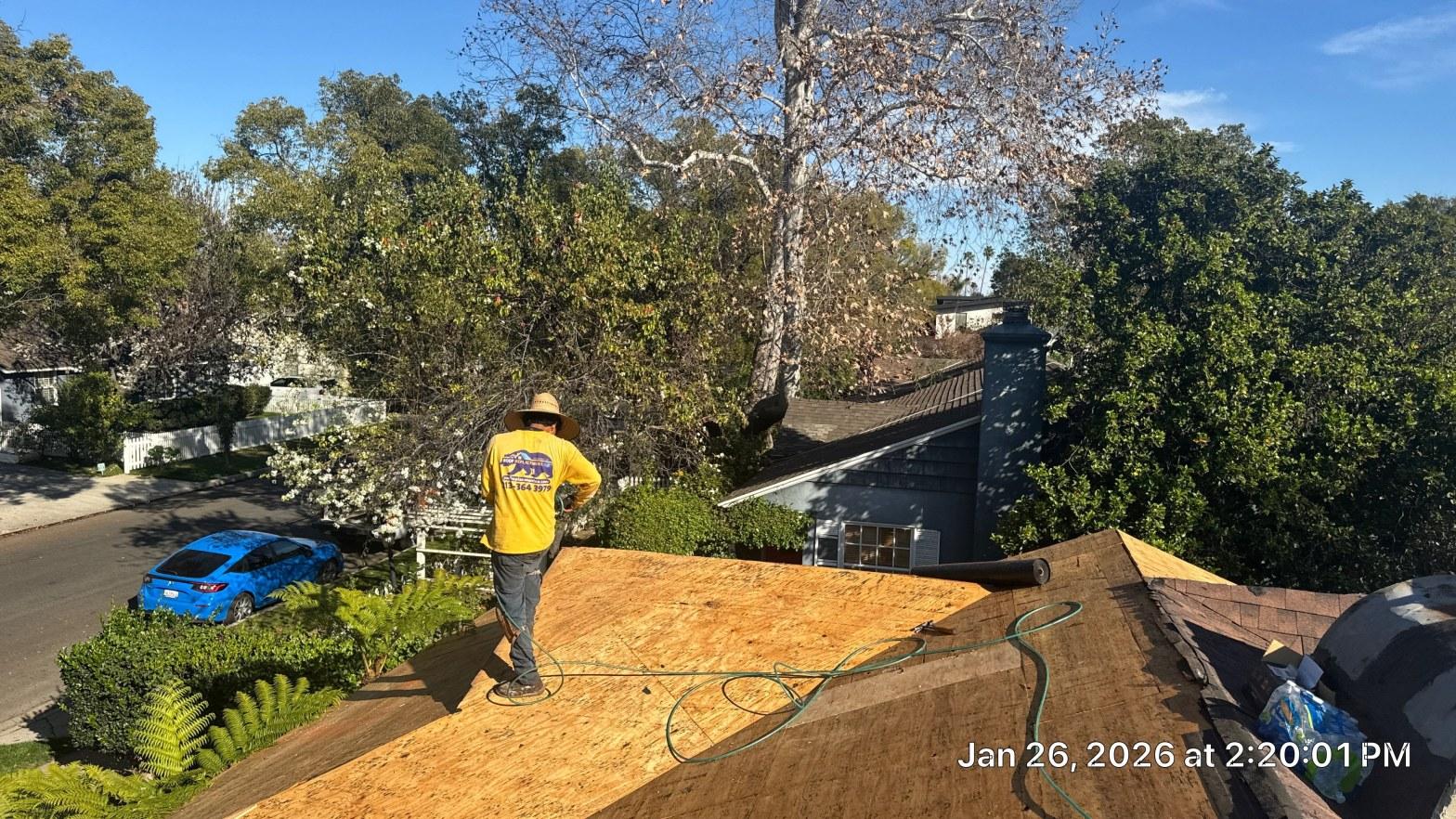 shingle-reroof-duration-cool-plus-los-angeles-3317 Roofer in yellow shirt standing on bare OSB roof deck during shingle tear-off on suburban home.