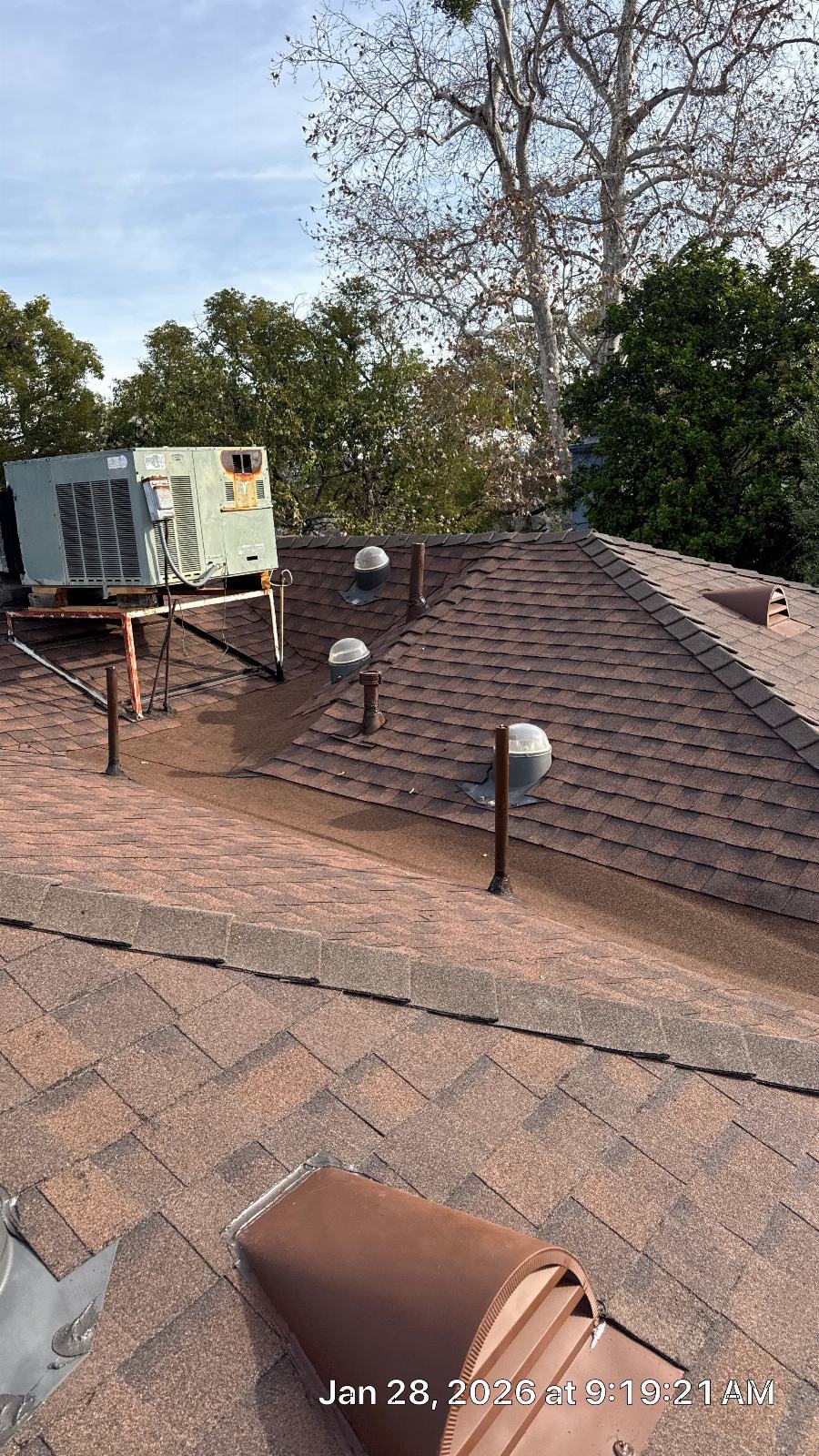 Asphalt shingle roof with HVAC unit, pipe boots, and dome vents in Sherman Oaks | Roof Replacement Inc Asphalt shingle roof with HVAC unit, pipe boots, and dome vents — Sherman Oaks — Roof Replacement Inc