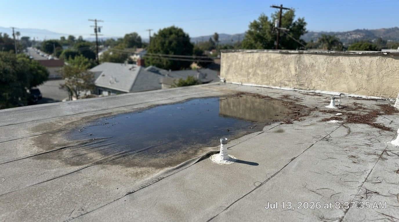 Standing water pooling on a flat roof membrane in Southern California after a rain event