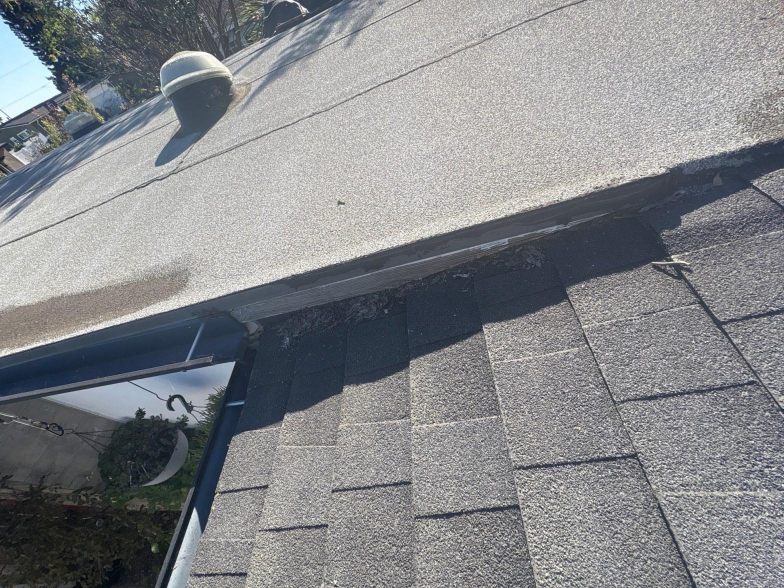 Worn composition shingle roof at the eave with an aging gutter, the condition before the metal roof replacement