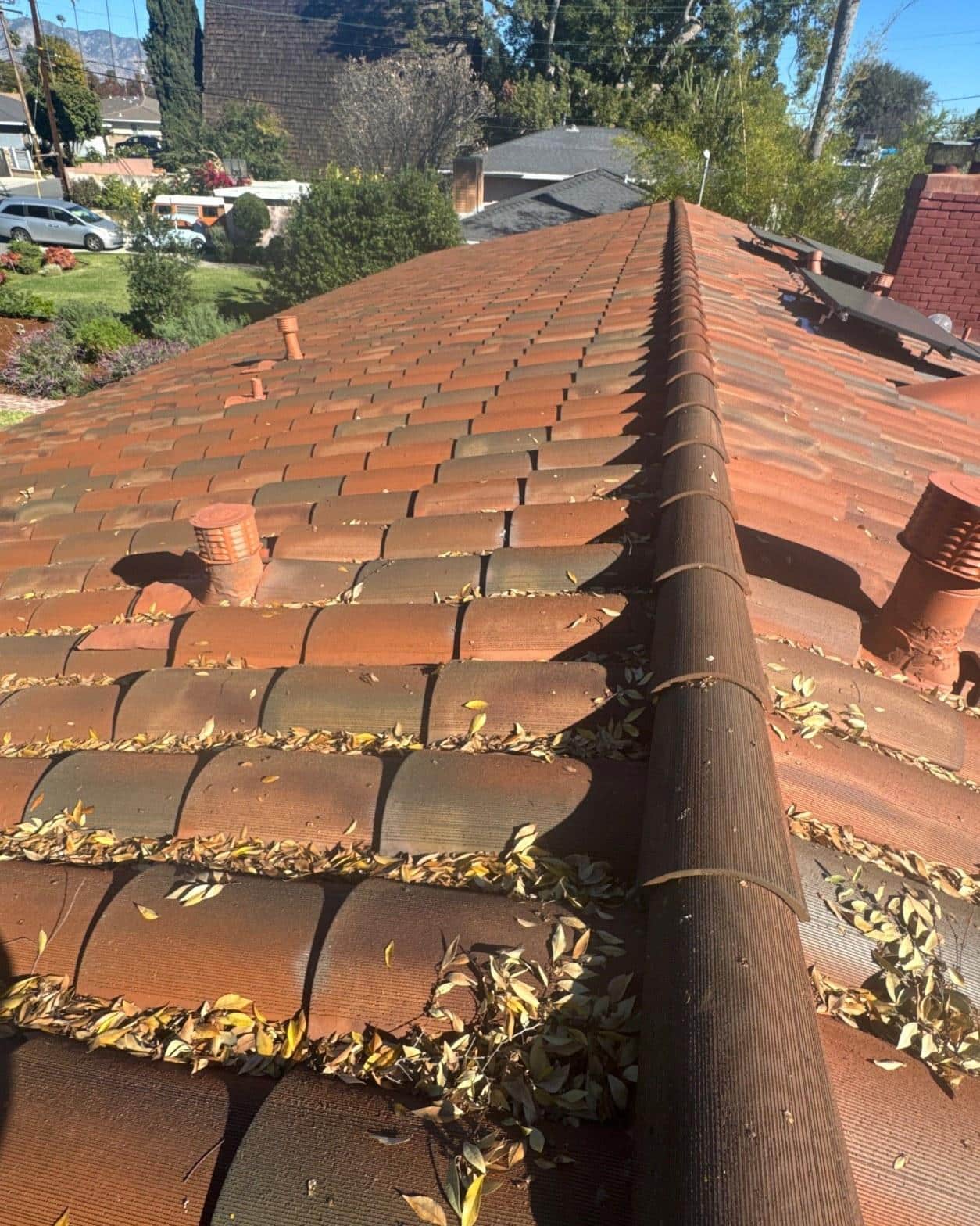 tile-roof-repair-vent-flashing-san-gabriel-3418 Dry fallen leaves collected in valleys between terracotta S-tile roof tiles on a residential house.